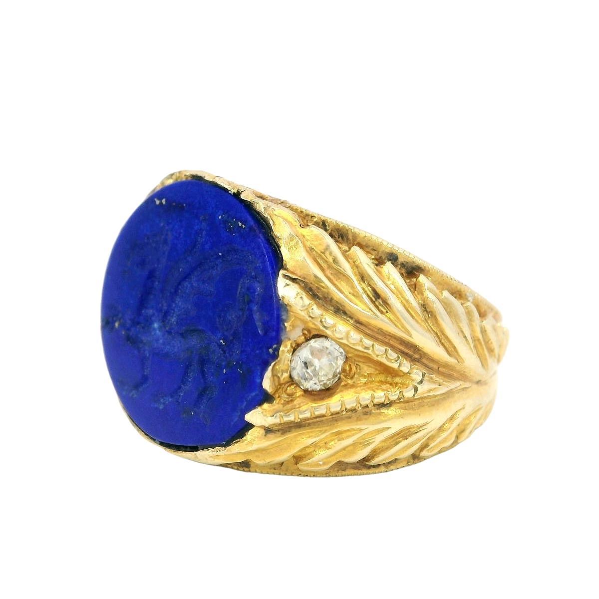 Art Nouveau Lapis Signet Ring Carved Griffin 14K Yellow Gold Size 8.5 5