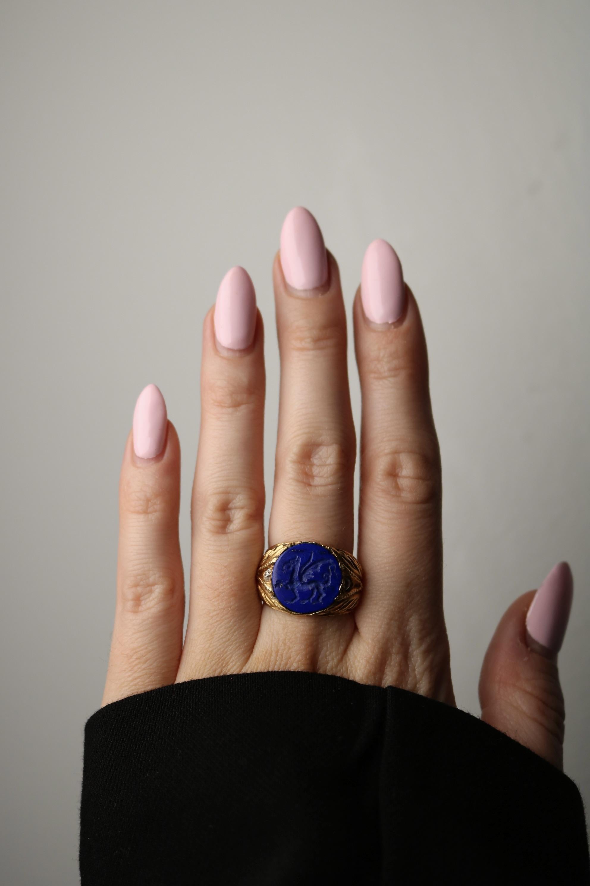 Art Nouveau Lapis Signet Ring Carved Griffin 14K Yellow Gold Size 8.5 7