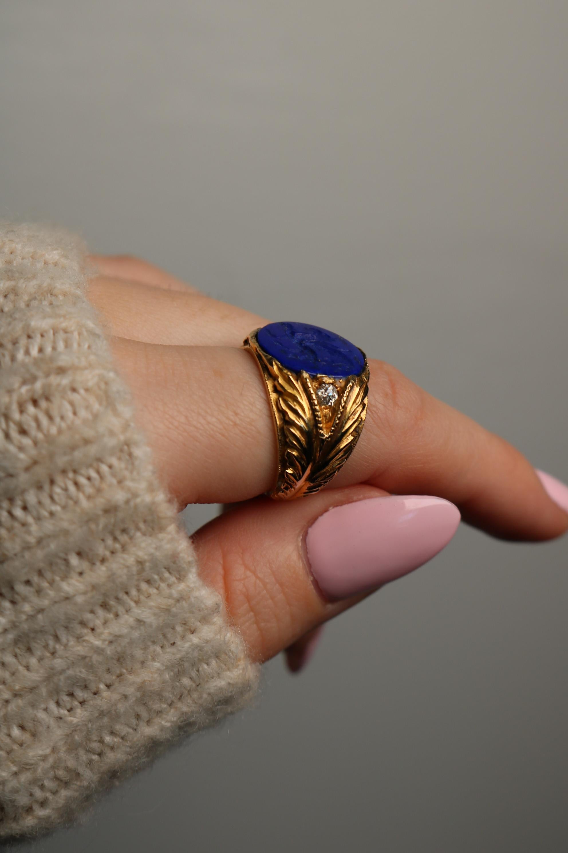 Art Nouveau Lapis Signet Ring Carved Griffin 14K Yellow Gold Size 8.5 8