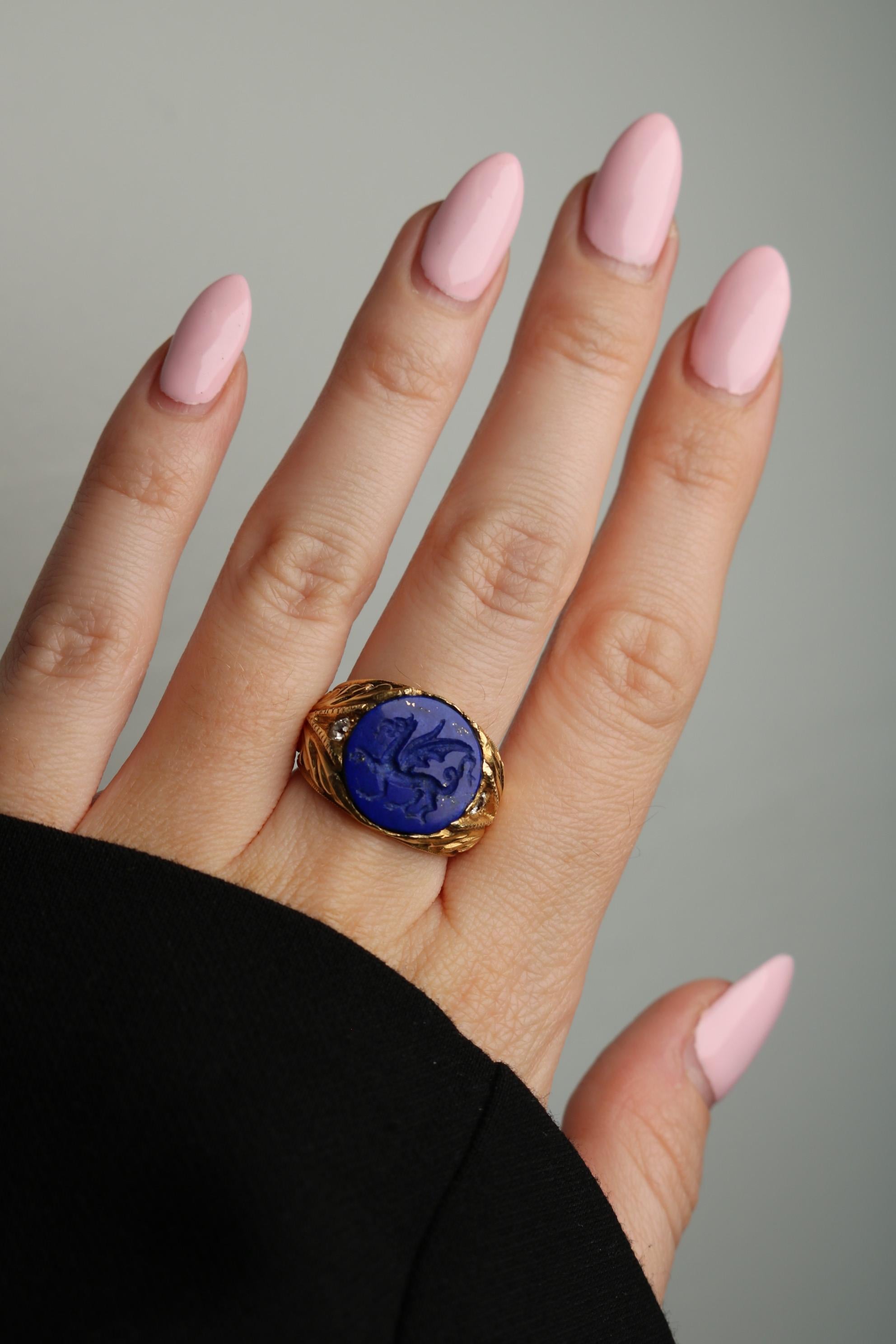 Uncut Art Nouveau Lapis Signet Ring Carved Griffin 14K Yellow Gold Size 8.5