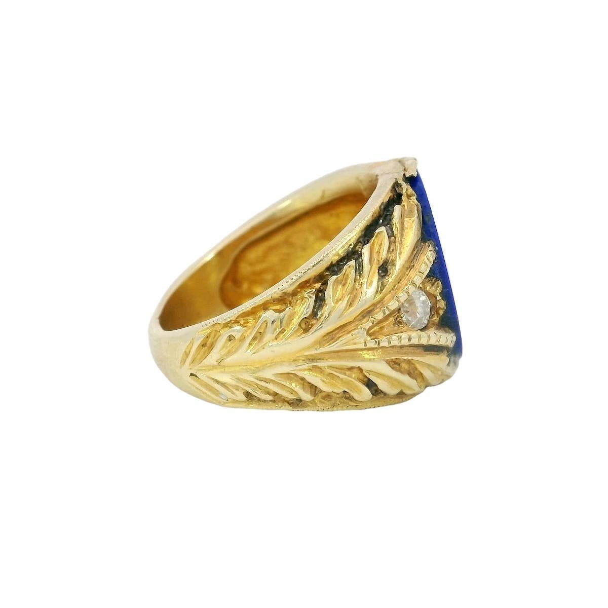 Art Nouveau Lapis Signet Ring Carved Griffin 14K Yellow Gold Size 8.5 1