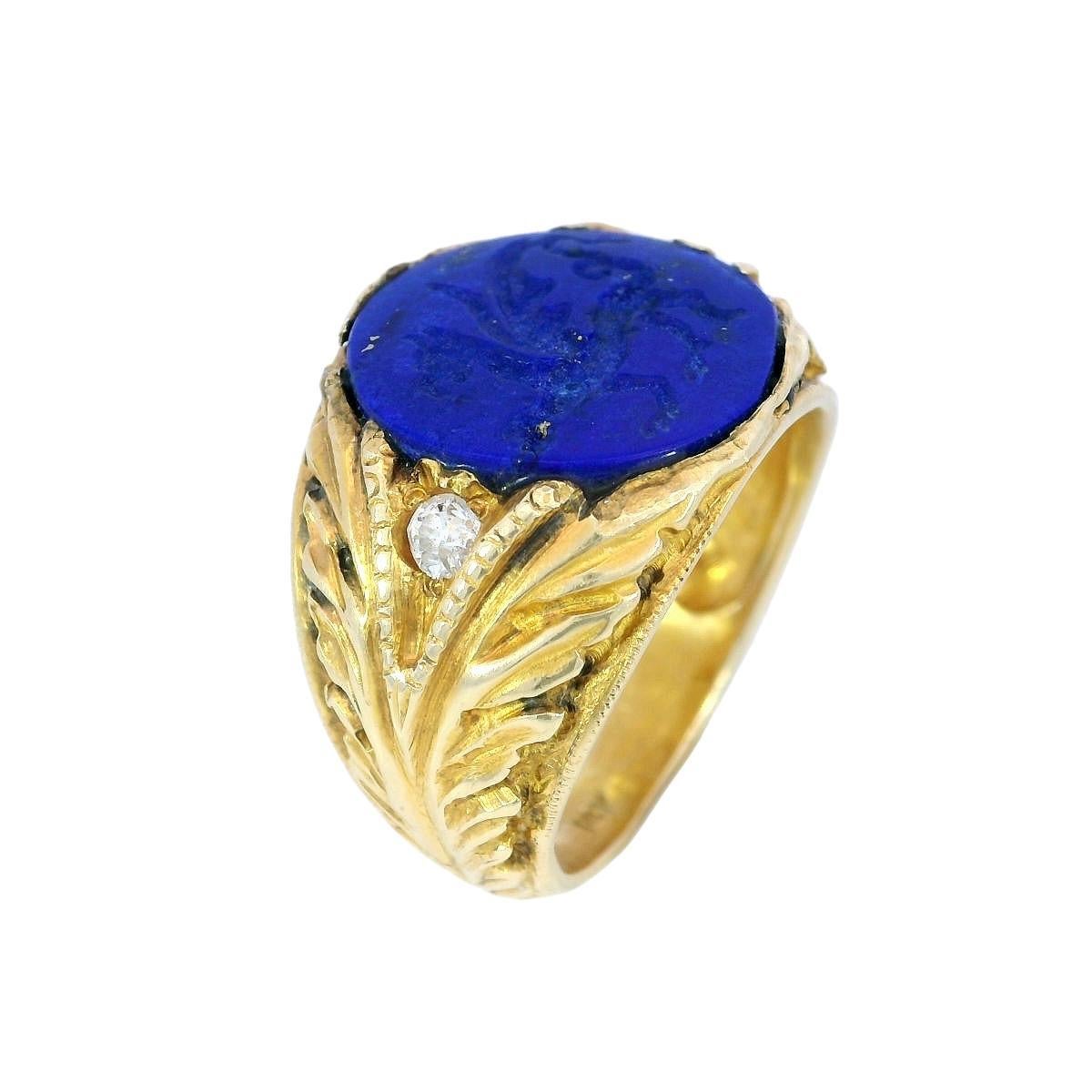 Art Nouveau Lapis Signet Ring Carved Griffin 14K Yellow Gold Size 8.5 2