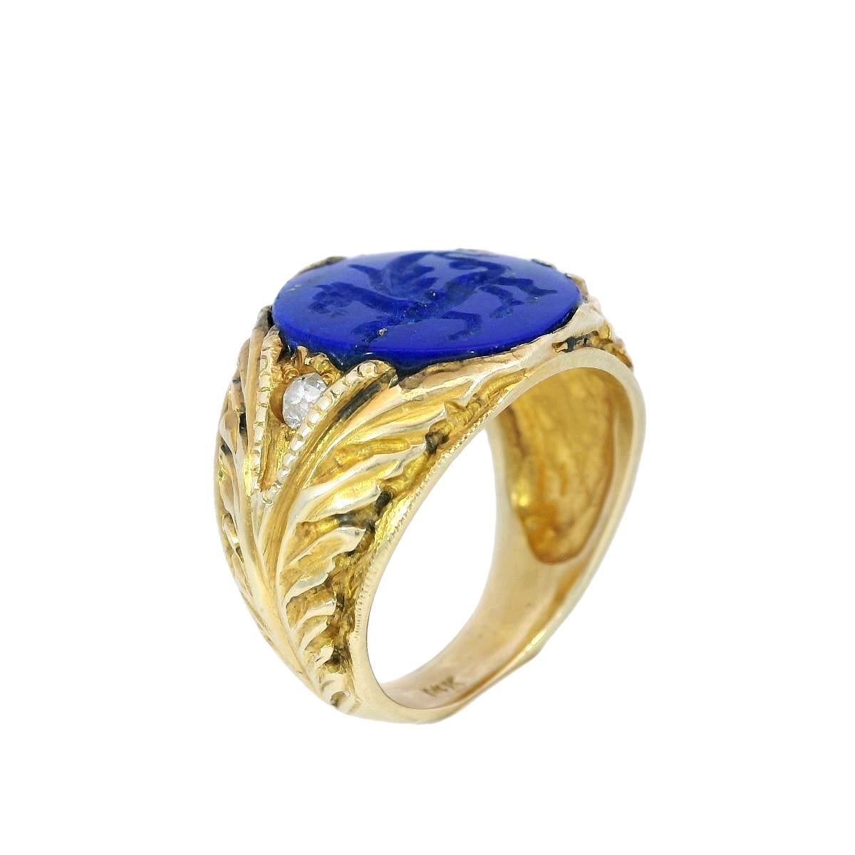 Art Nouveau Lapis Signet Ring Carved Griffin 14K Yellow Gold Size 8.5 3