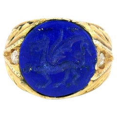 Art Nouveau Lapis Signet Ring Carved Griffin 14K Yellow Gold Size 8.5