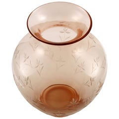 Art Nouveau Large Amphora Vase, Salviati Murano, Amber, Etched Floral Motifs