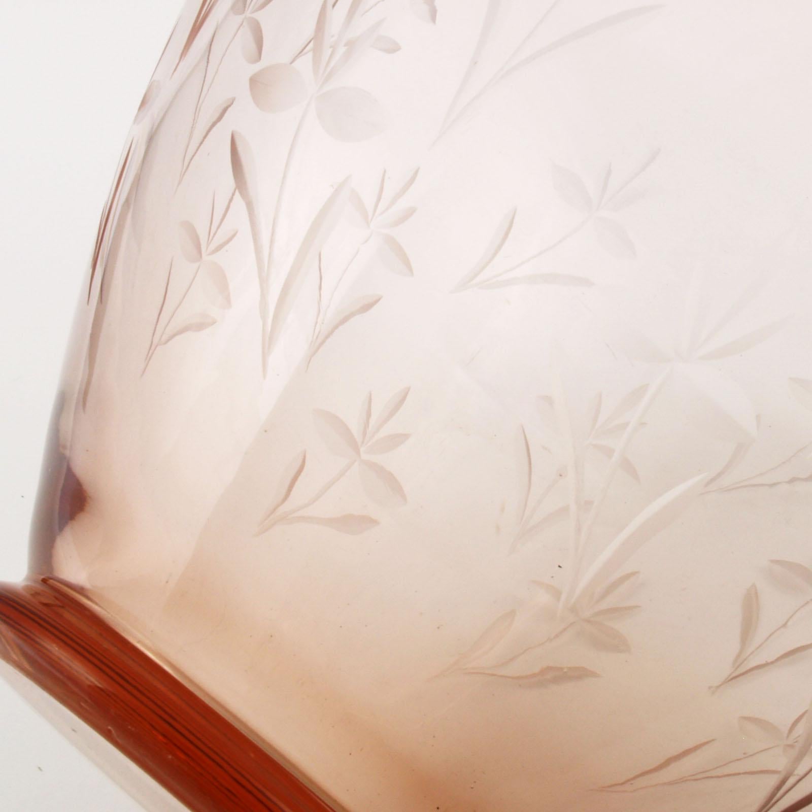 Engraved Art Nouveau Large Amphora Vase, Salviati Murano, Amber, Etched Floral Motifs For Sale