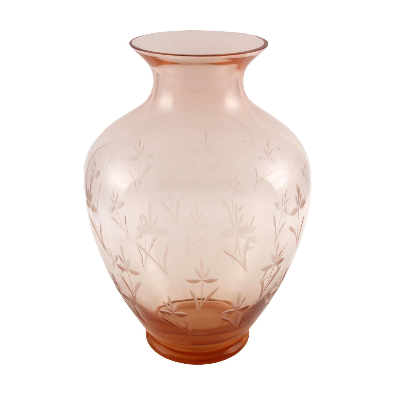 Art Nouveau Large Amphora Vase, Salviati Murano, Amber, Etched Floral Motifs For Sale