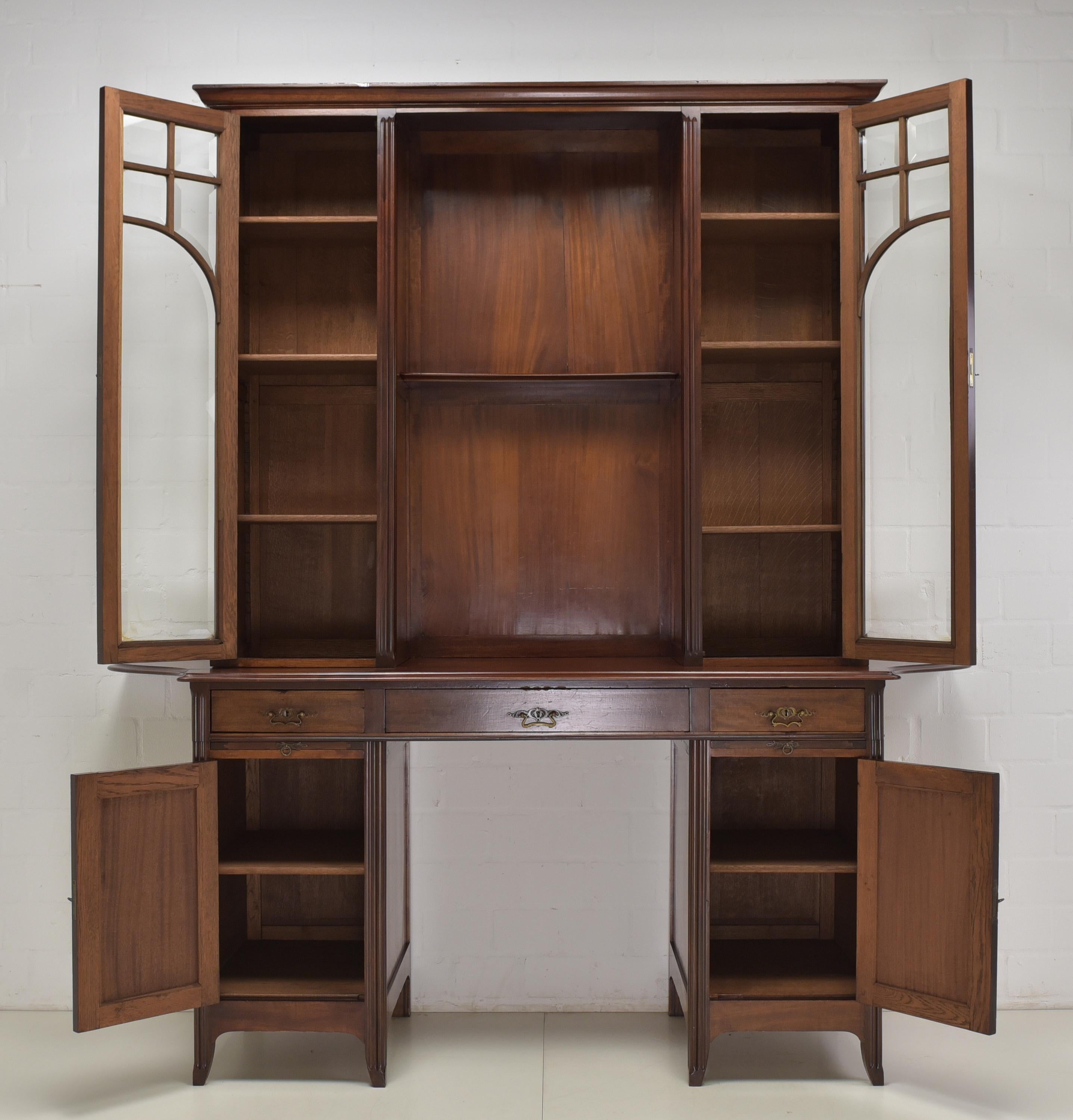 Glazed Art Nouveau Large Buffet Showcase / Library Cabinet in Mahogany, 1910 For Sale