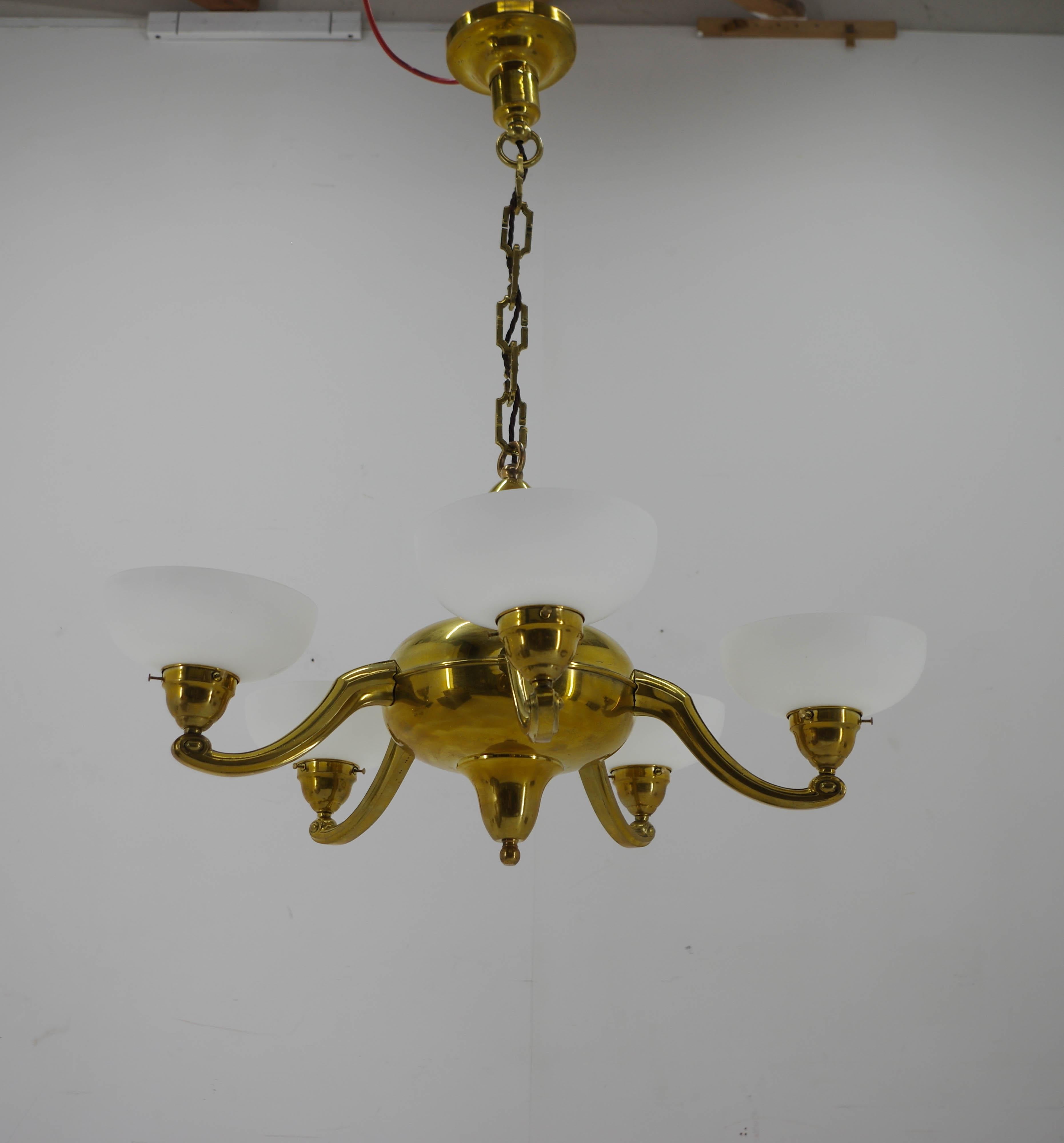 Brass Art Nouveau Large Chandelier, 1910s, Restored For Sale