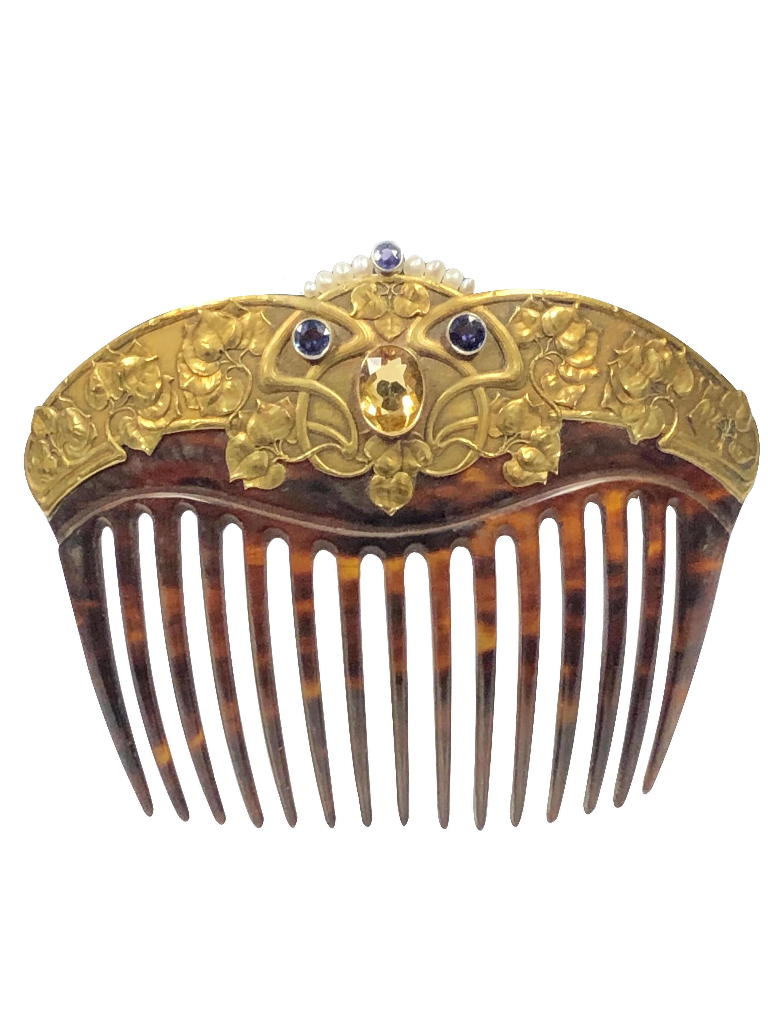 Round Cut Art Nouveau Large Gold Gemstone and Tortoise Mounted Hair Comb by Carter Gough For Sale