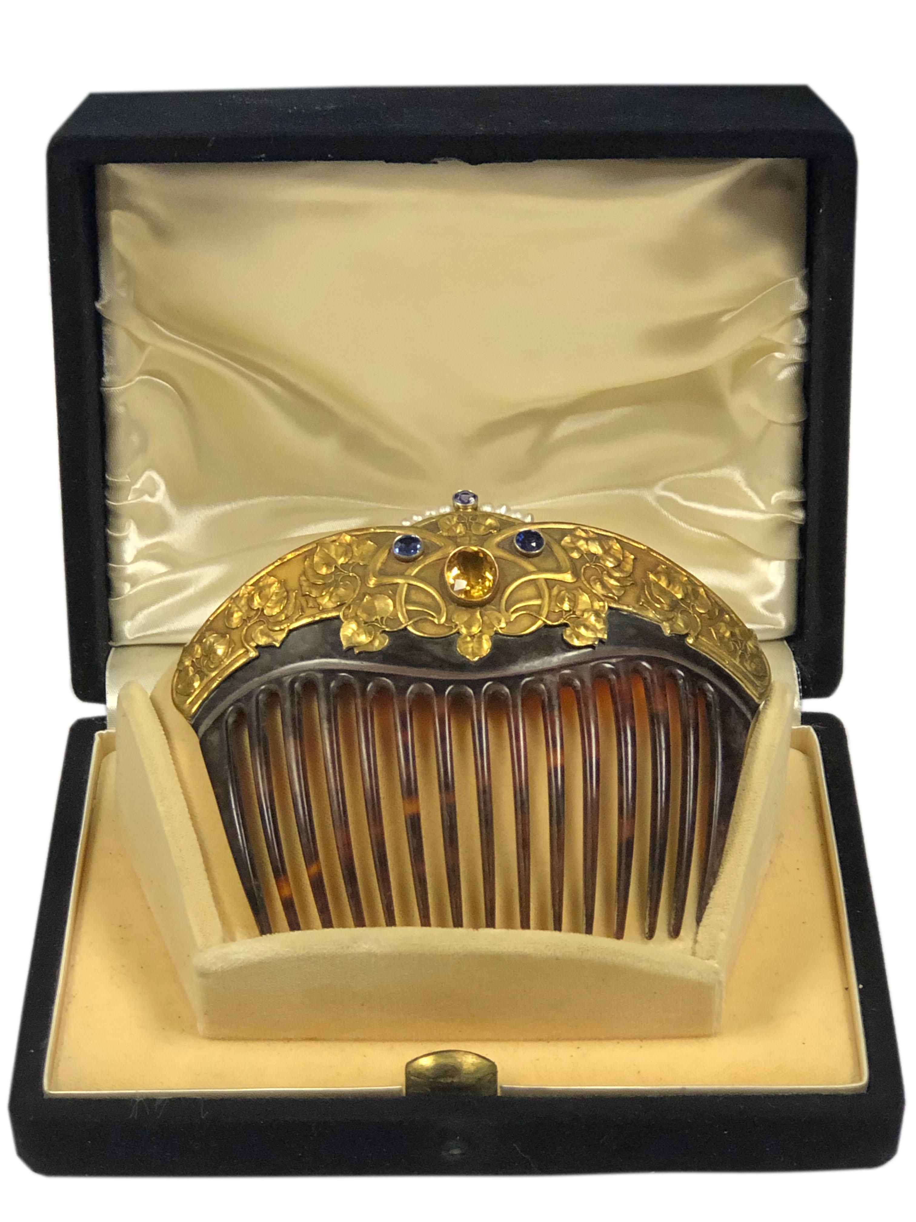 Women's Art Nouveau Large Gold Gemstone and Tortoise Mounted Hair Comb by Carter Gough For Sale