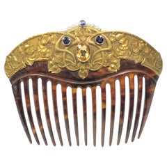 Art Nouveau Large Gold Gemstone and Tortoise Mounted Hair Comb by Carter Gough