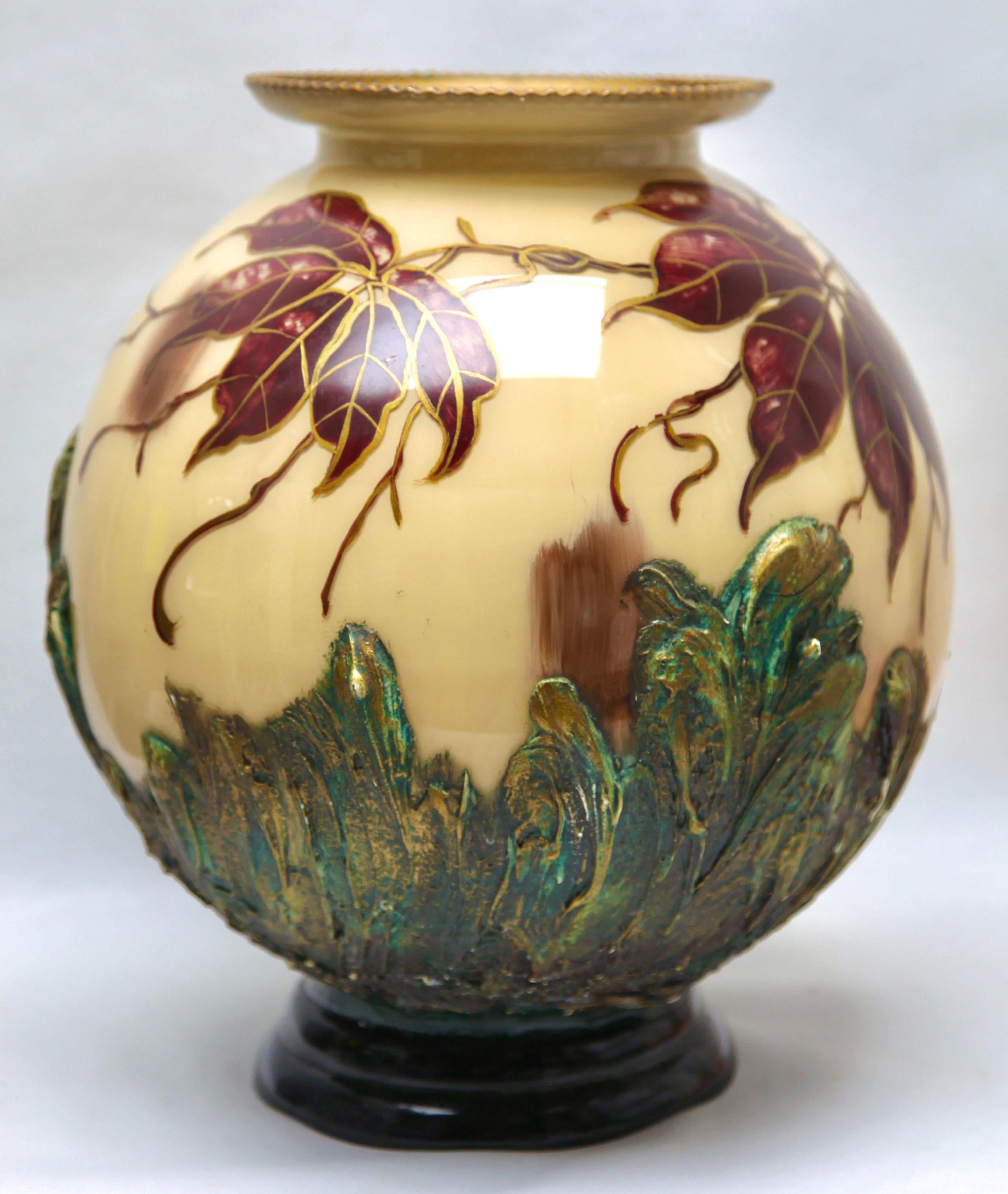 Belgian Art Nouveau Large Handmade and Hand Painted Opaline Vase, Belgium, 1920s