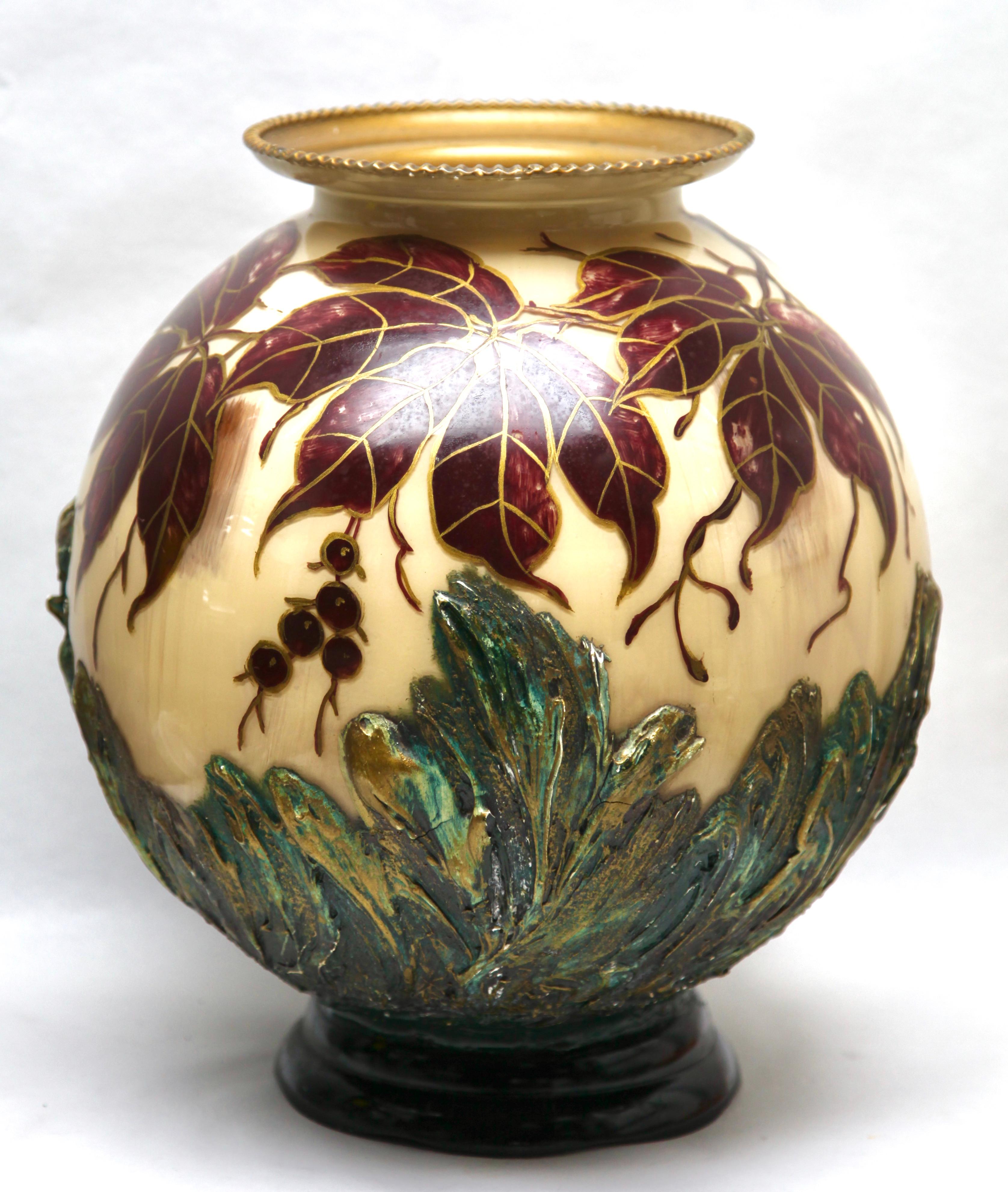Early 20th Century Art Nouveau Large Handmade and Hand Painted Opaline Vase, Belgium, 1920s