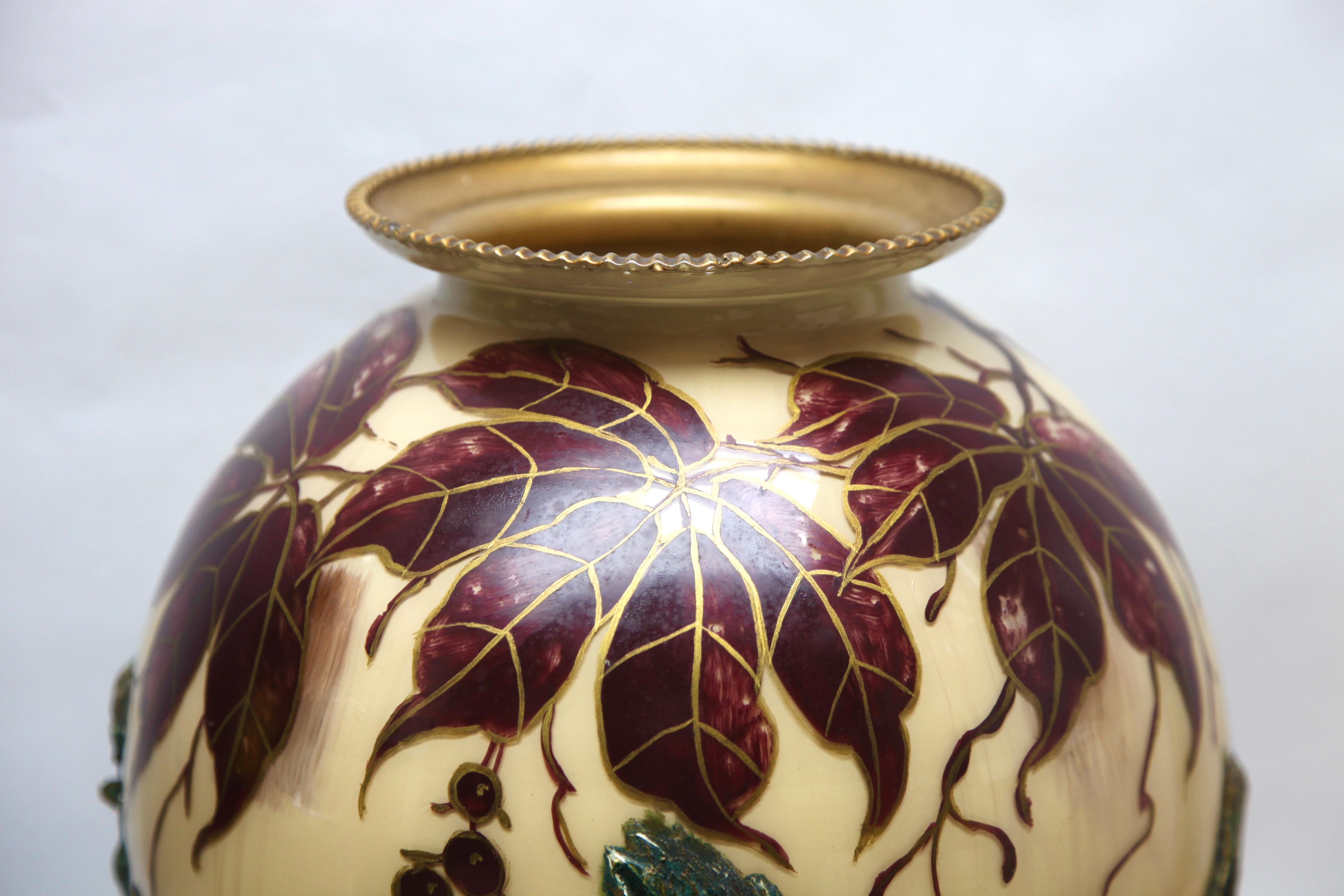 Opaline Glass Art Nouveau Large Handmade and Hand Painted Opaline Vase, Belgium, 1920s