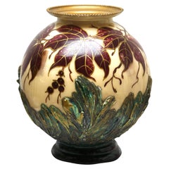 Grand vase en opaline Art nouveau fait à la main et peint à la main, Belgique années 1920