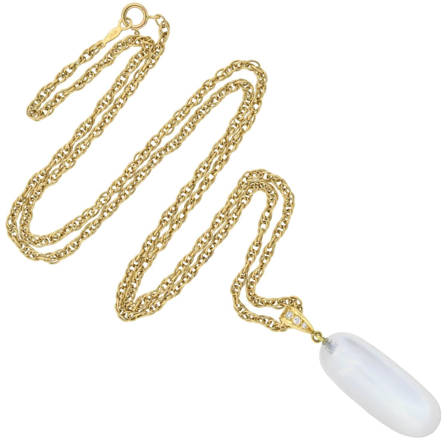 An alluring moonstone pendant compilation necklace from the Art Nouveau (ca1900s) era! This fabulous necklace is comprised of a glowing turn-of-the-century moonstone pendant that hangs from a modern 14kt yellow gold chain. The moonstone, which is