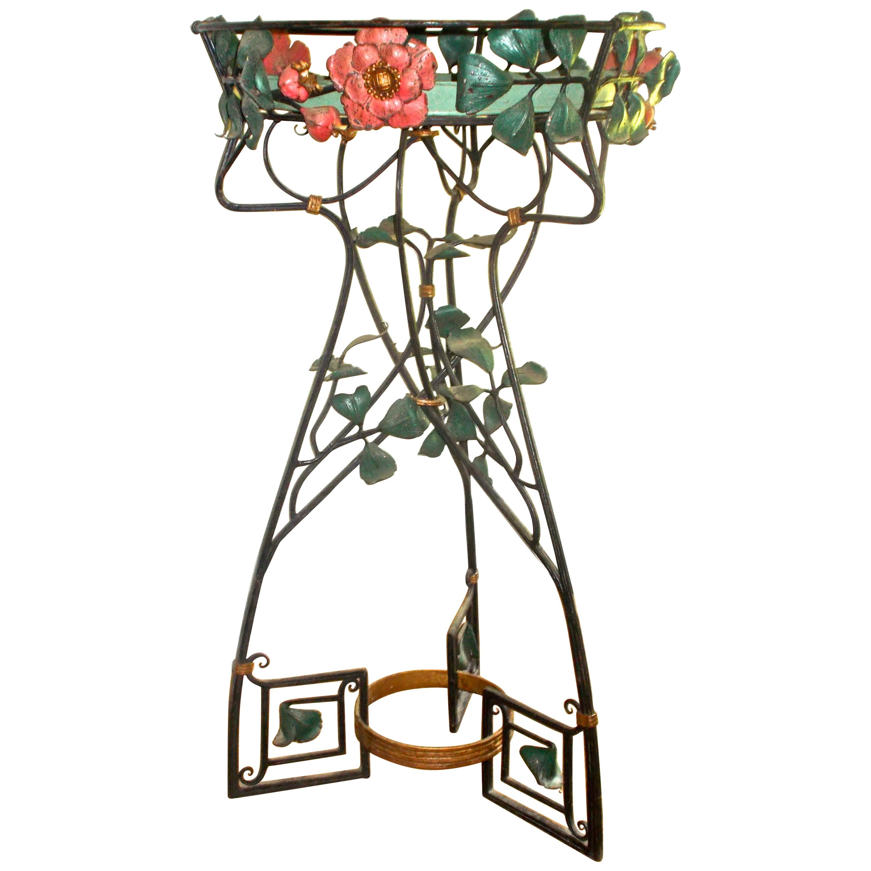  French Art Nouveau Painted Wrought Iron Botanical Fantasy Ferneries Planter