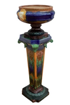 Art Nouveau Large Porcelain Majolica Jardinière With Pedestal