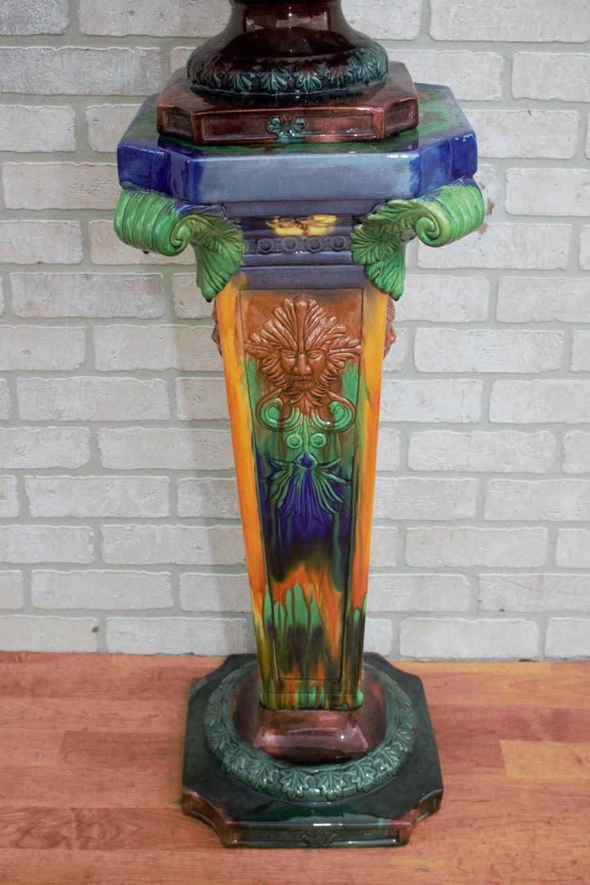 20th Century Art Nouveau Large Porcelain Majolica Jardinière With Pedestal