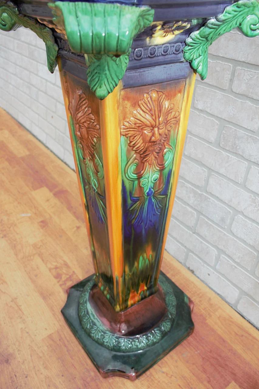 Art Nouveau Large Porcelain Majolica Jardinière With Pedestal 1