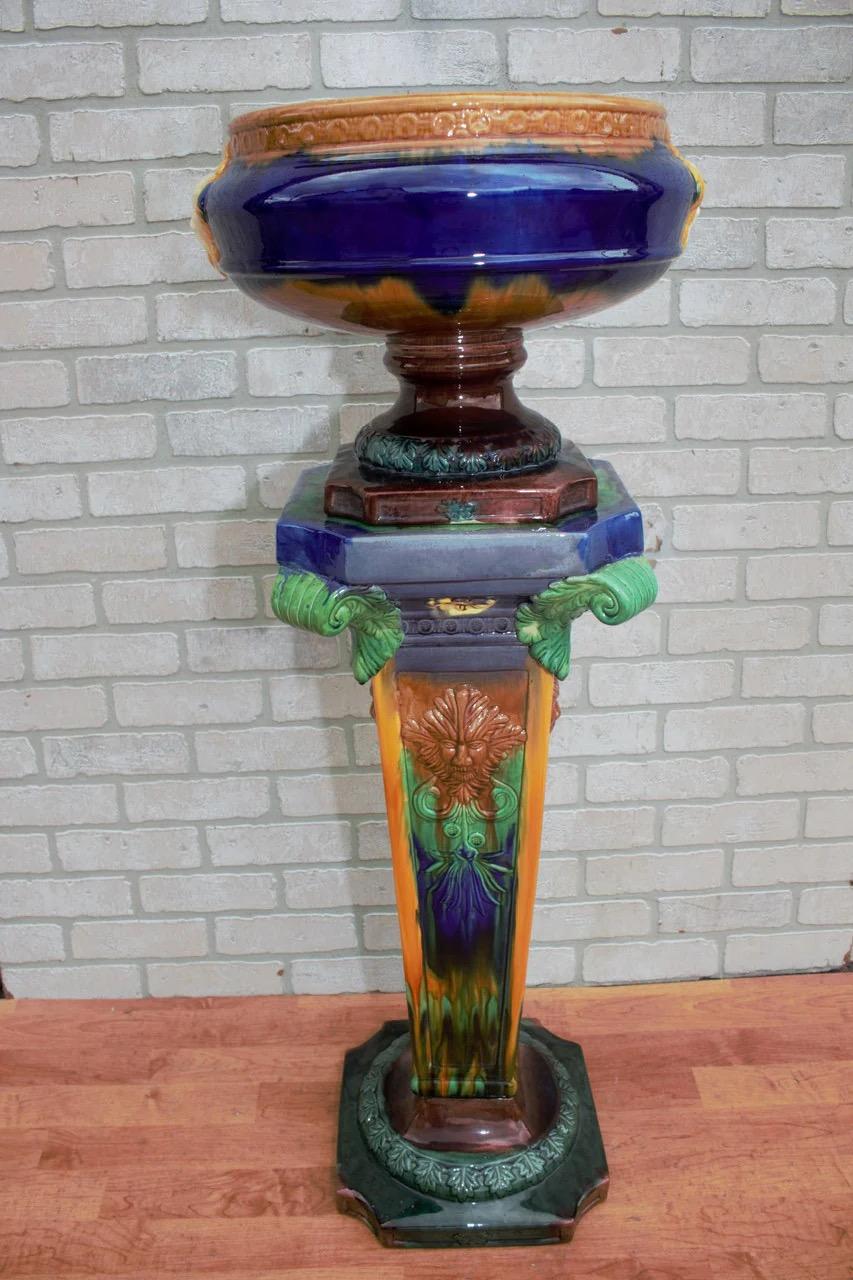 Art Nouveau Large Porcelain Majolica Jardinière With Pedestal 2