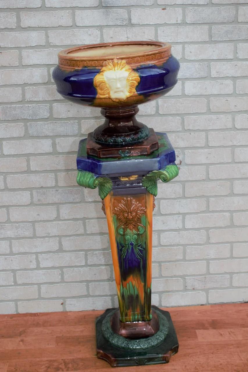 Art Nouveau Large Porcelain Majolica Jardinière With Pedestal 3