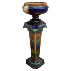 Art Nouveau Large Porcelain Majolica Jardinière With Pedestal