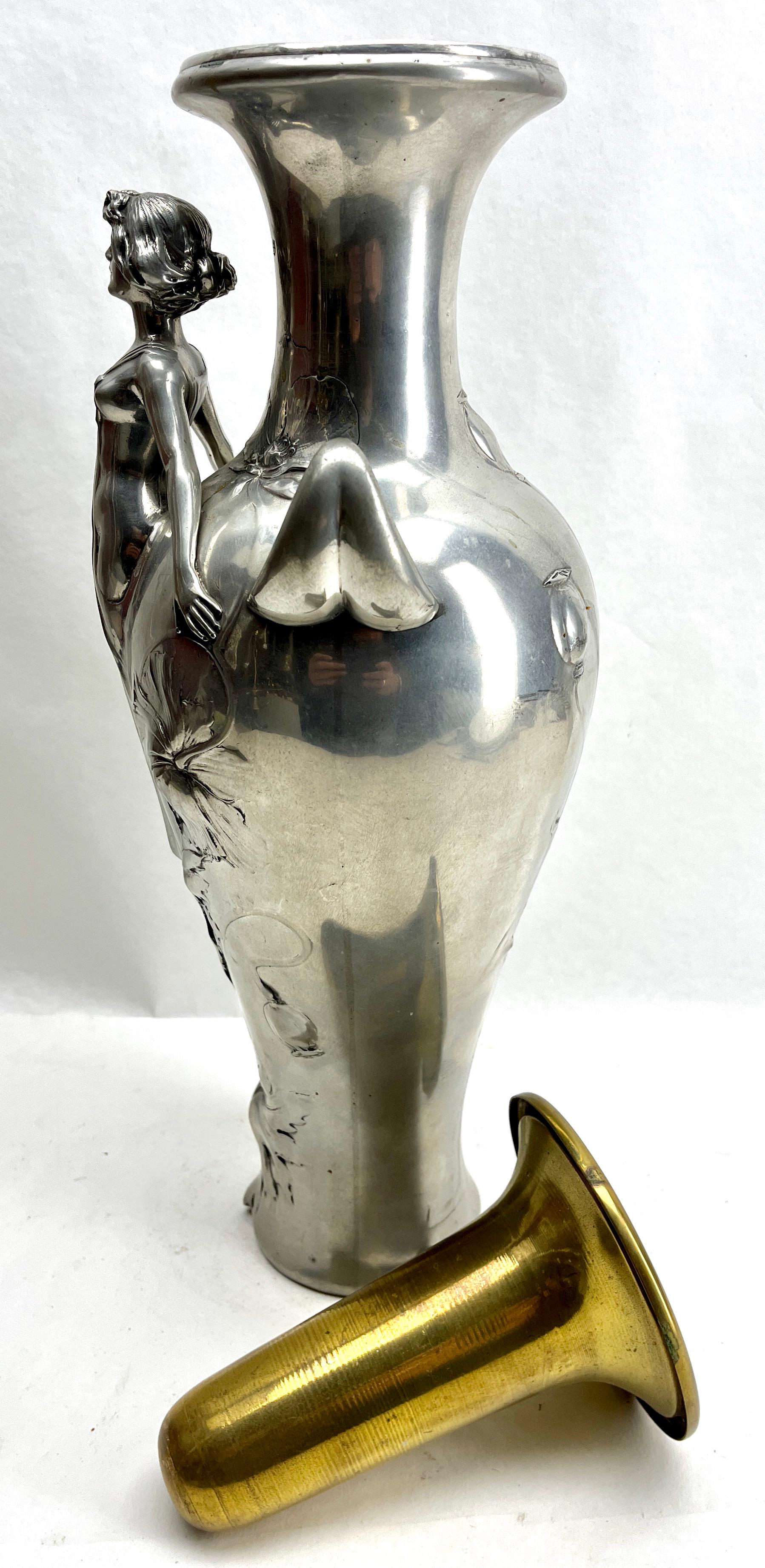 Pewter Art Nouveau Large Richly Decorated Vase with Flowers and Female Figure. For Sale