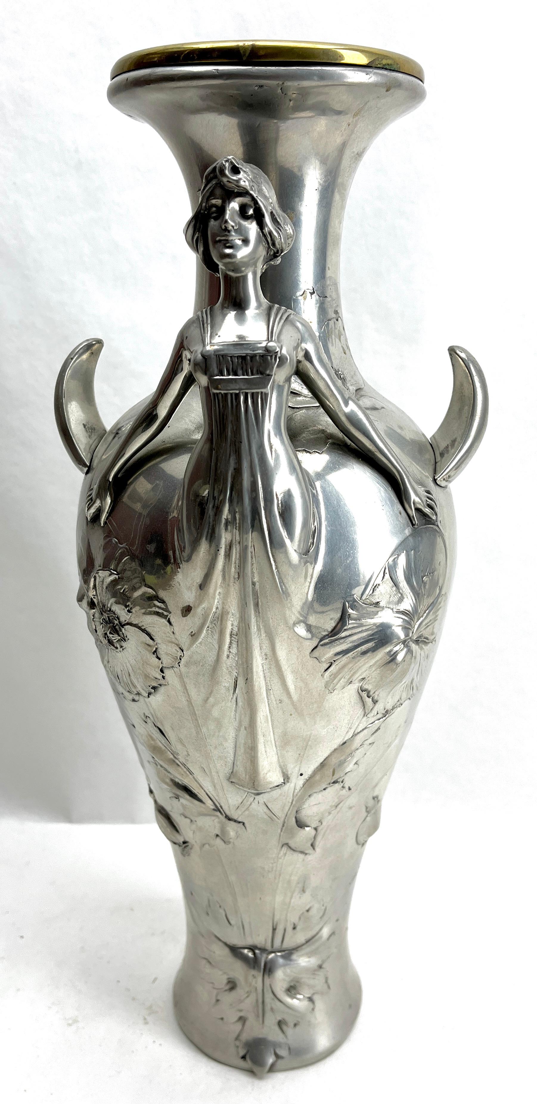 Art Nouveau Large Richly Decorated Vase with Flowers and Female Figure. For Sale 1