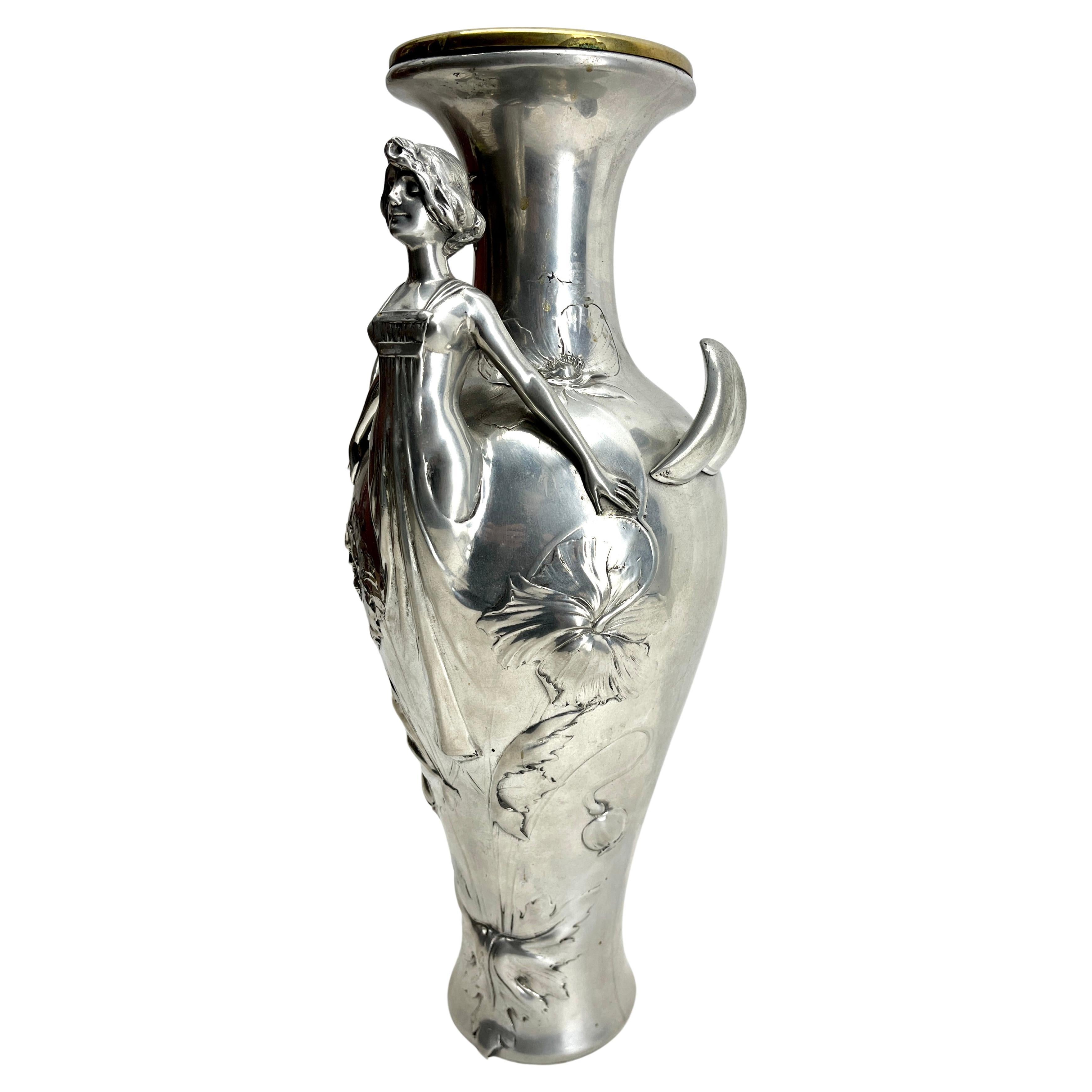Art Nouveau Large Richly Decorated Vase with Flowers and Female Figure. For Sale