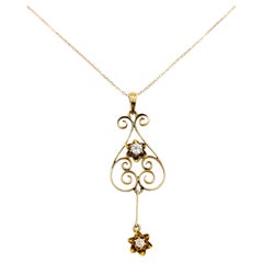 Art Nouveau Lavalier Diamond Necklace in 14k Yellow Gold