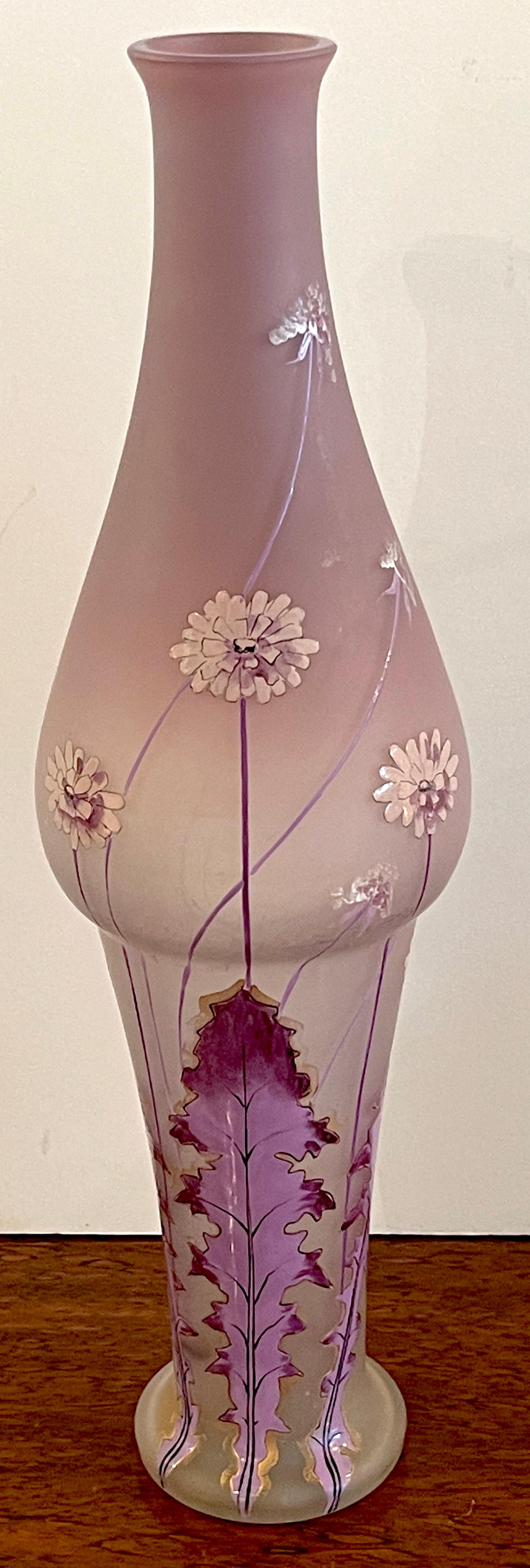 20th Century Art Nouveau Lavender Dandelion Enameled Vase, Attributed to Mont Joye, France For Sale