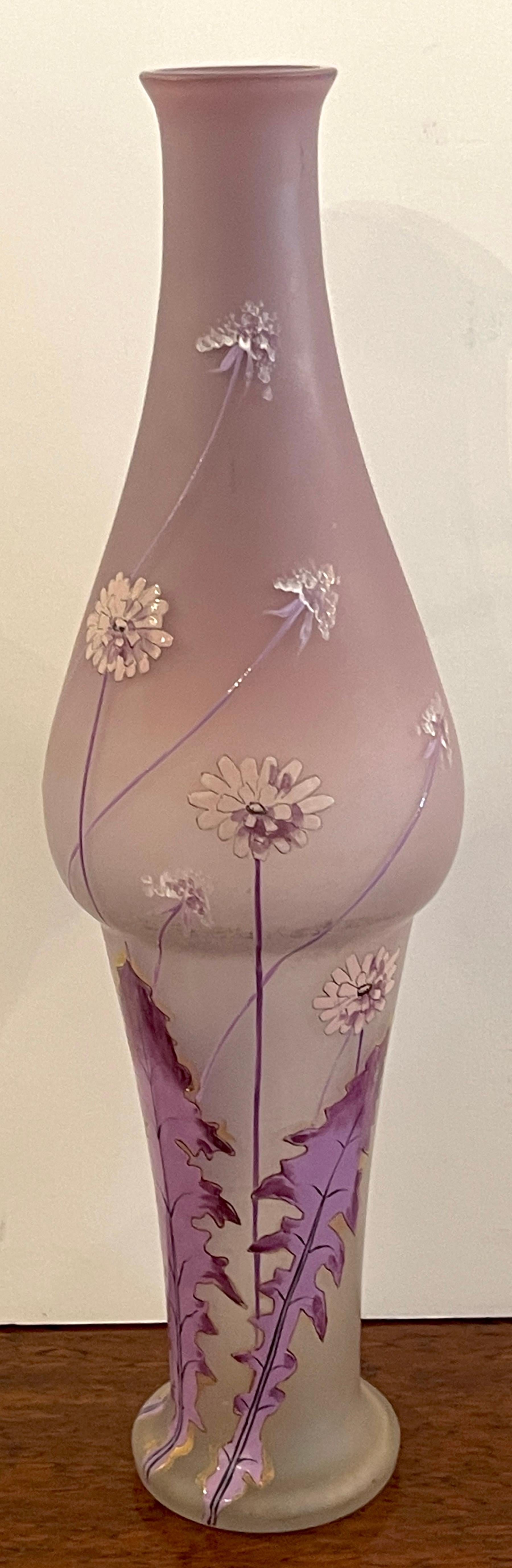 Art Nouveau Lavender Dandelion Enameled Vase, Attributed to Mont Joye, France For Sale 3