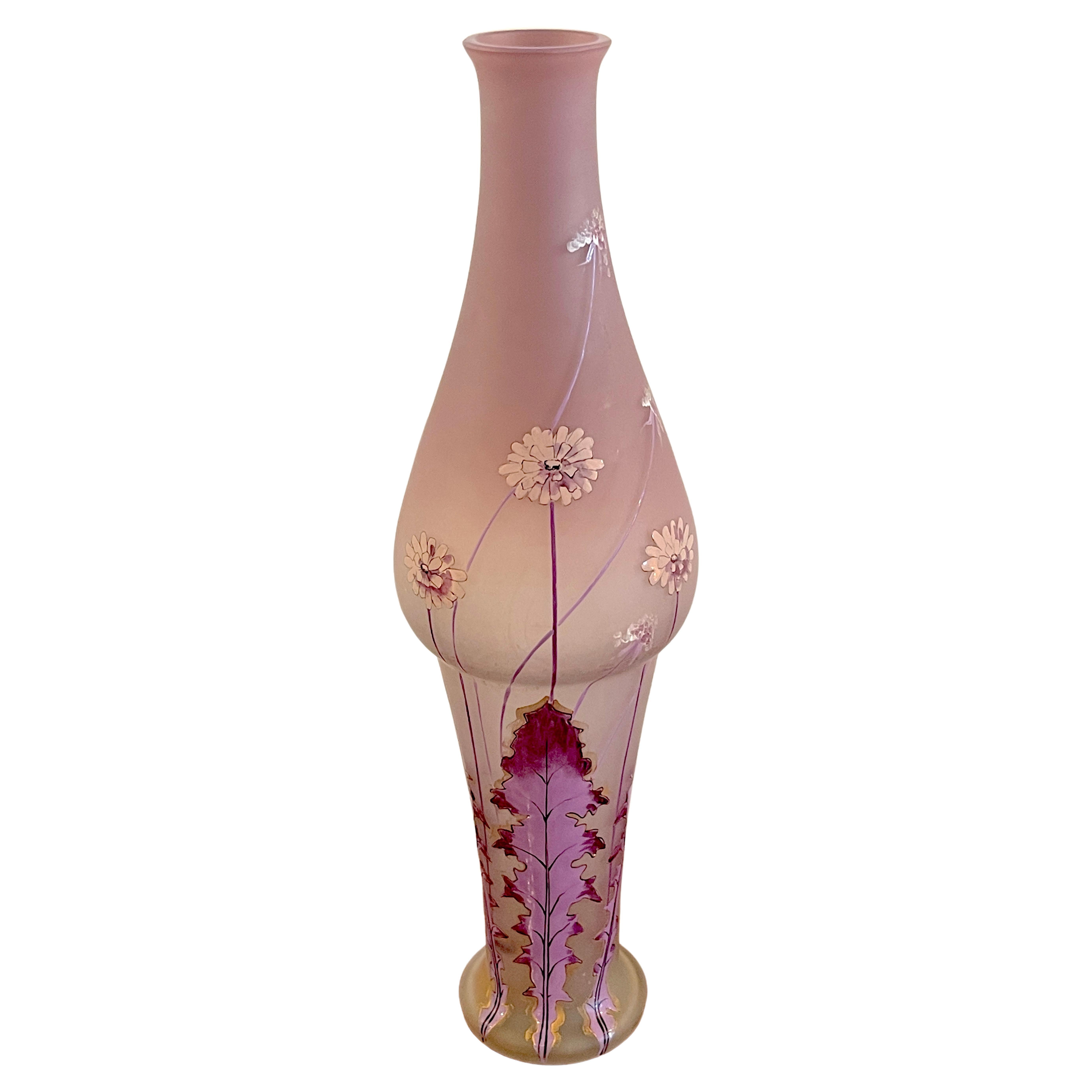 Art Nouveau Lavender Dandelion Enameled Vase, Attributed to Mont Joye, France For Sale