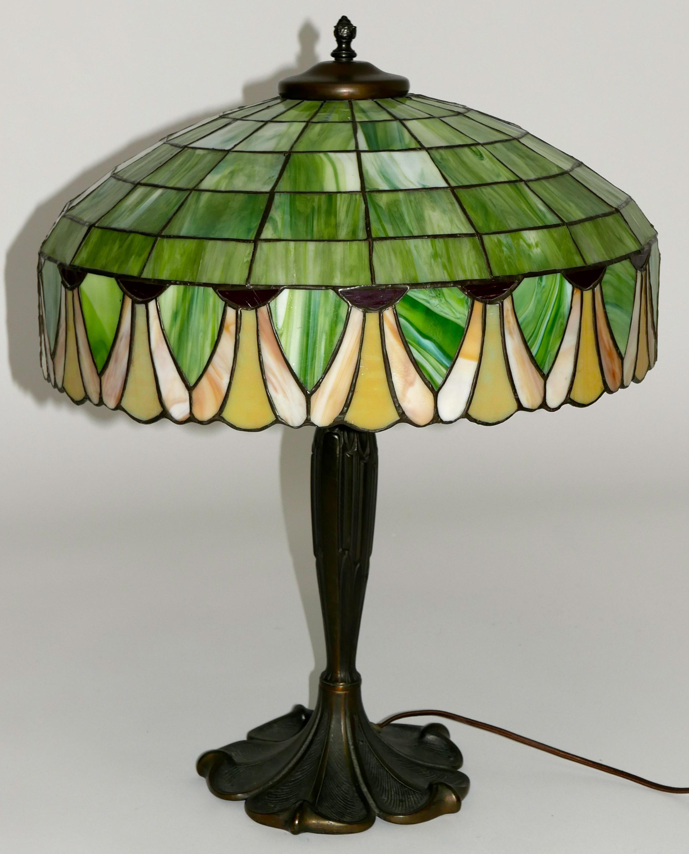 Patinated Art Nouveau Leaded Glass Table Lamp by Lamb Bros. & Greene, Early 20th Century