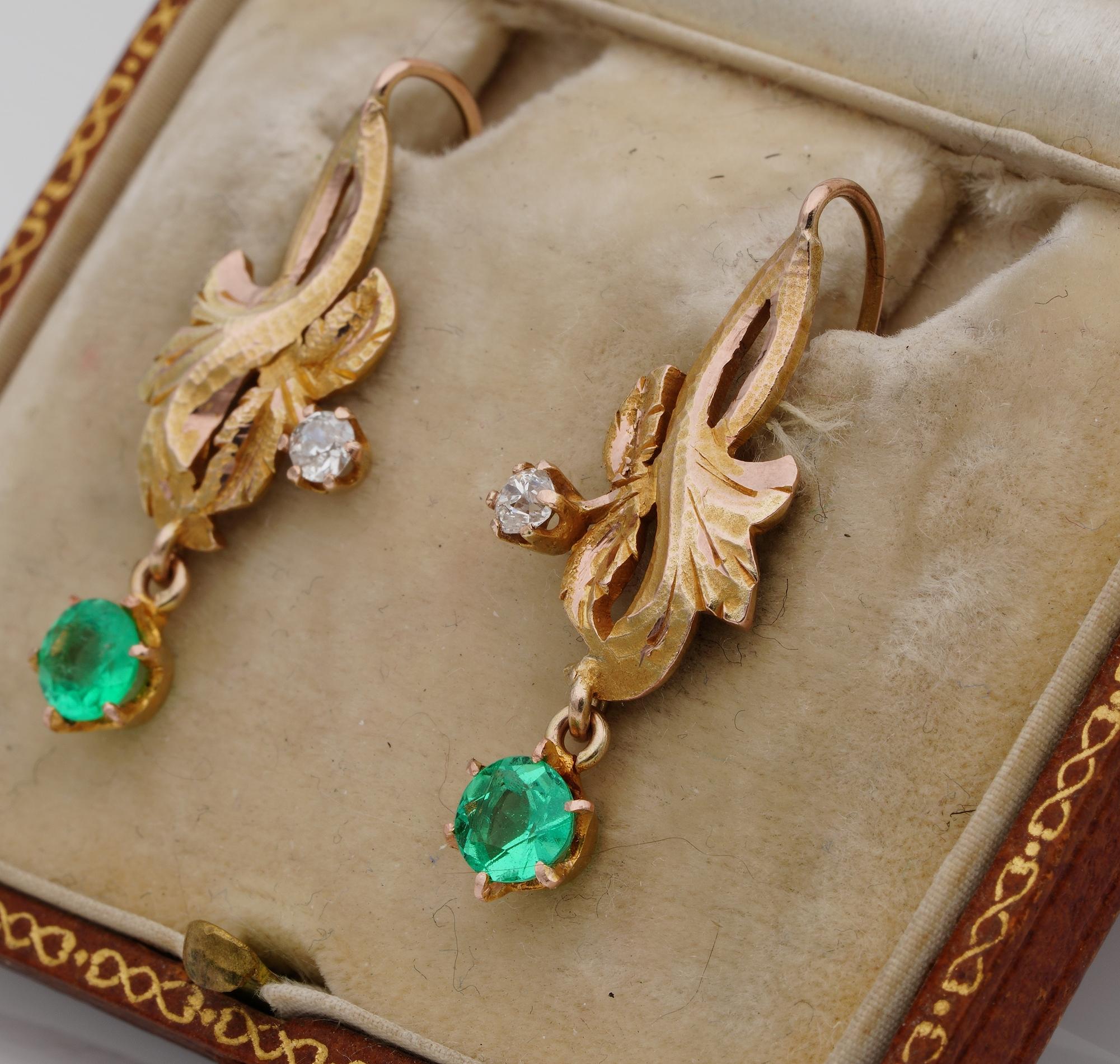 Old Mine Cut Art Nouveau Leaf Emerald Diamond 18 Karat Drop Earrings