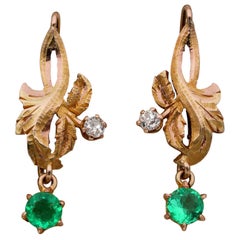 Antique Art Nouveau Leaf Emerald Diamond 18 Karat Drop Earrings