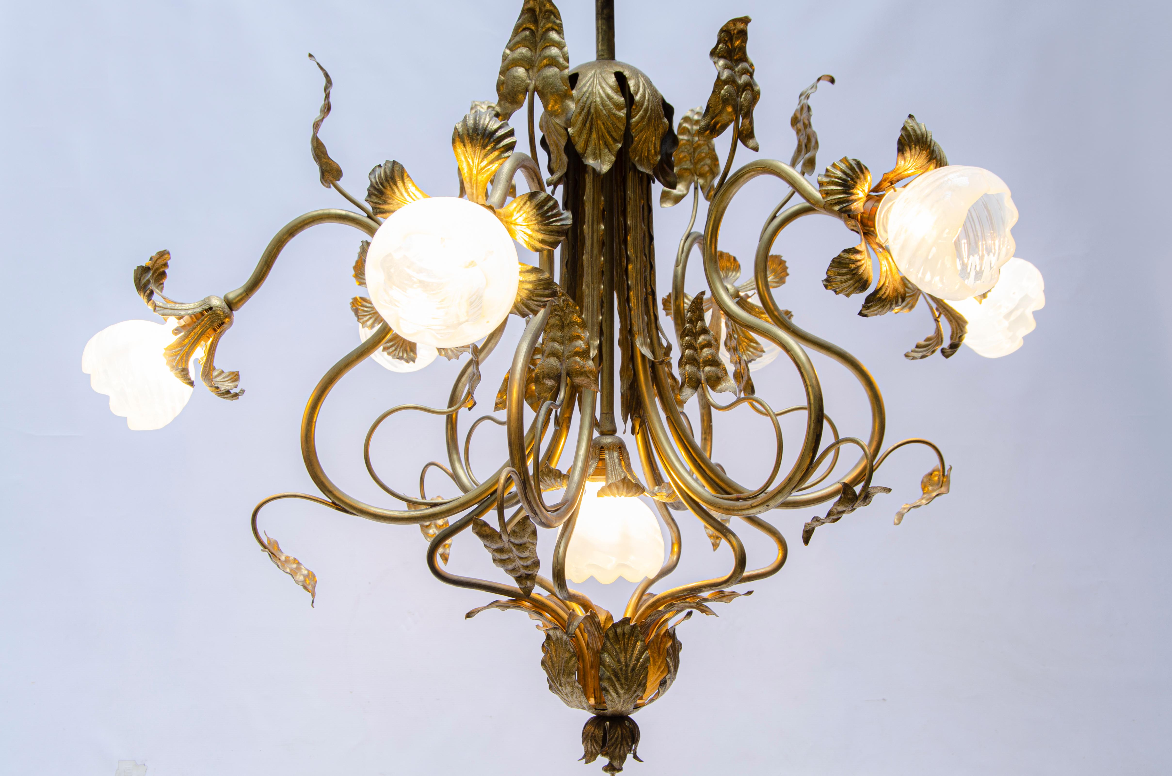 French Art Nouveau leaves chandelier For Sale