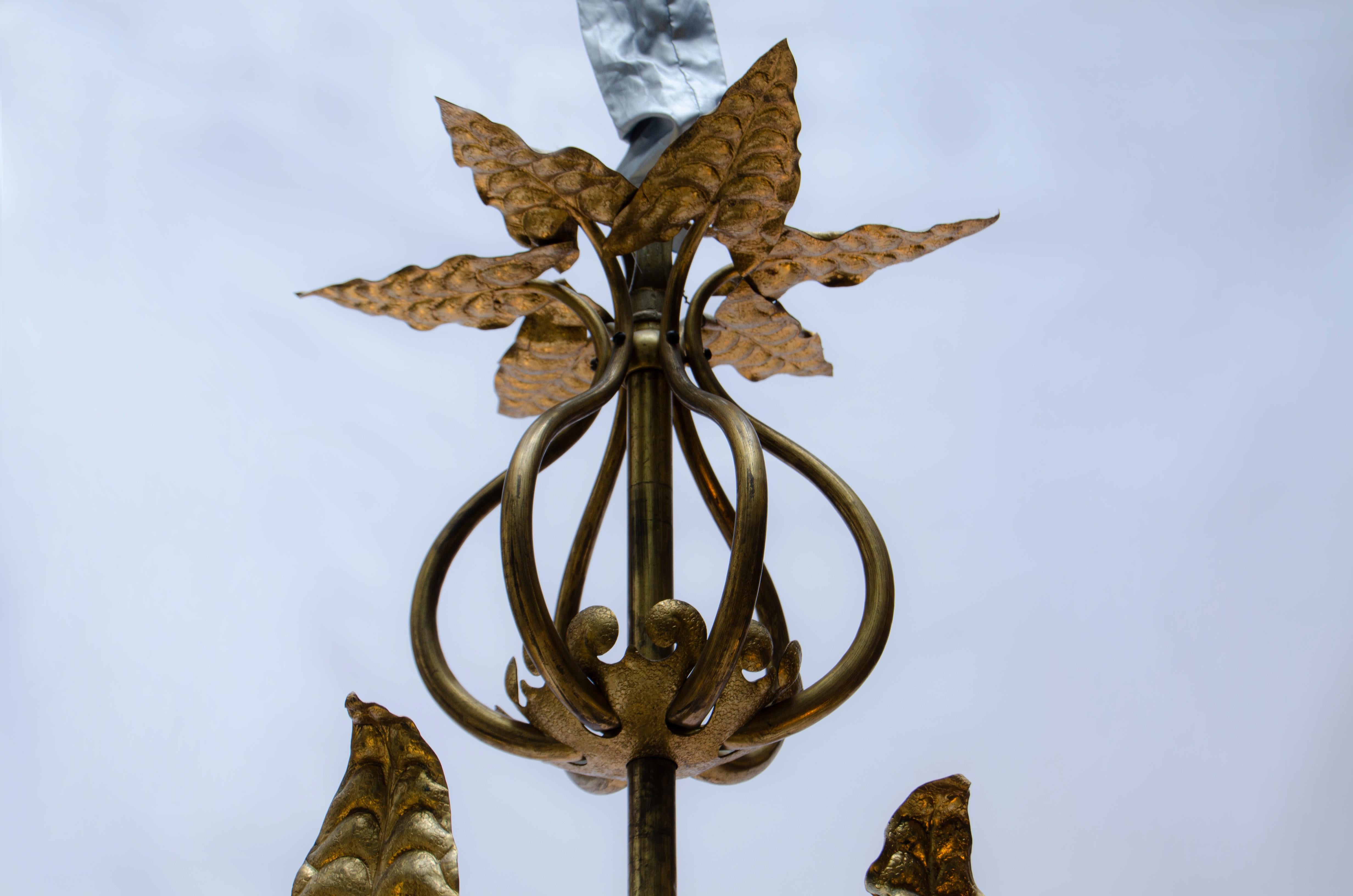 Gold Art Nouveau leaves chandelier For Sale