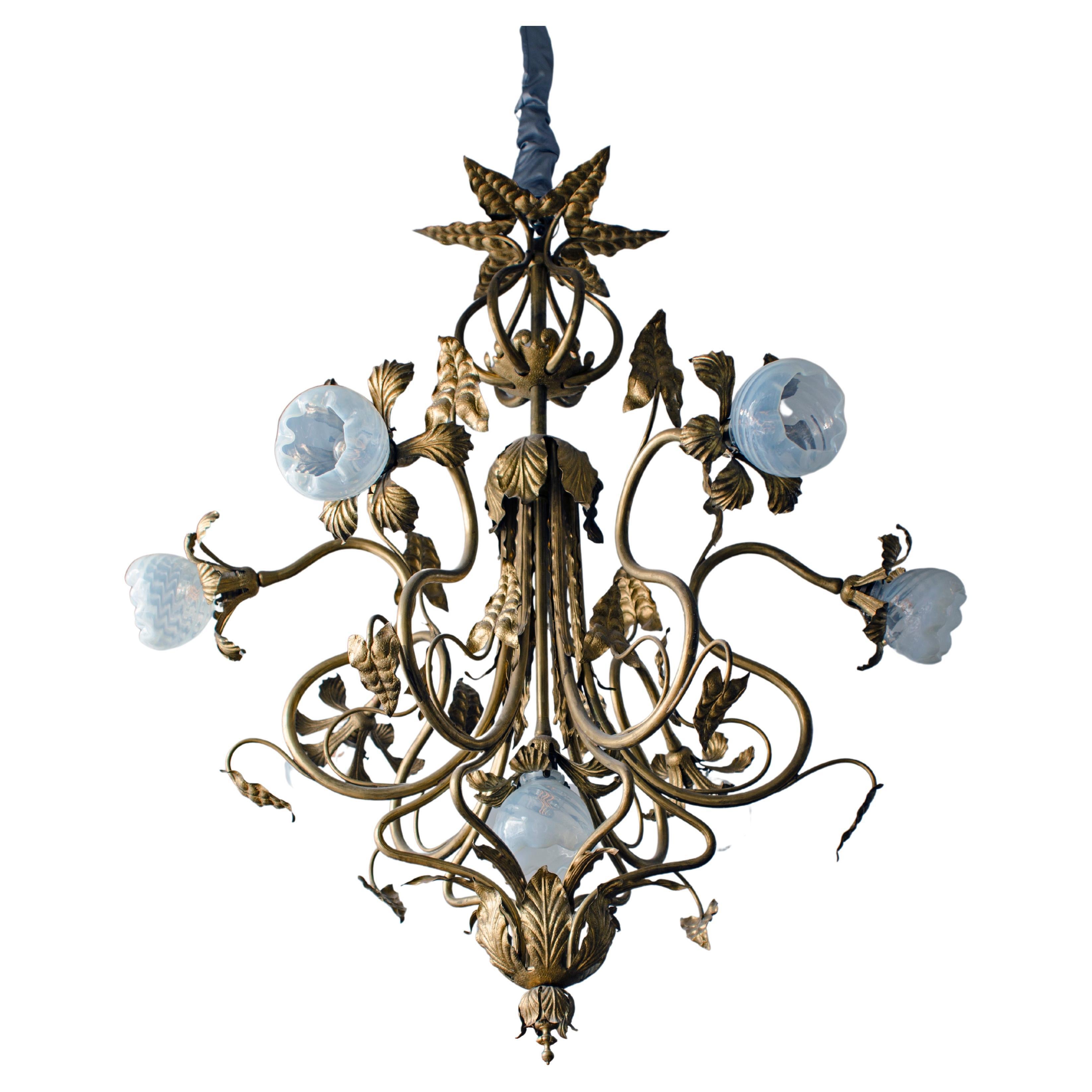 Art Nouveau leaves chandelier For Sale