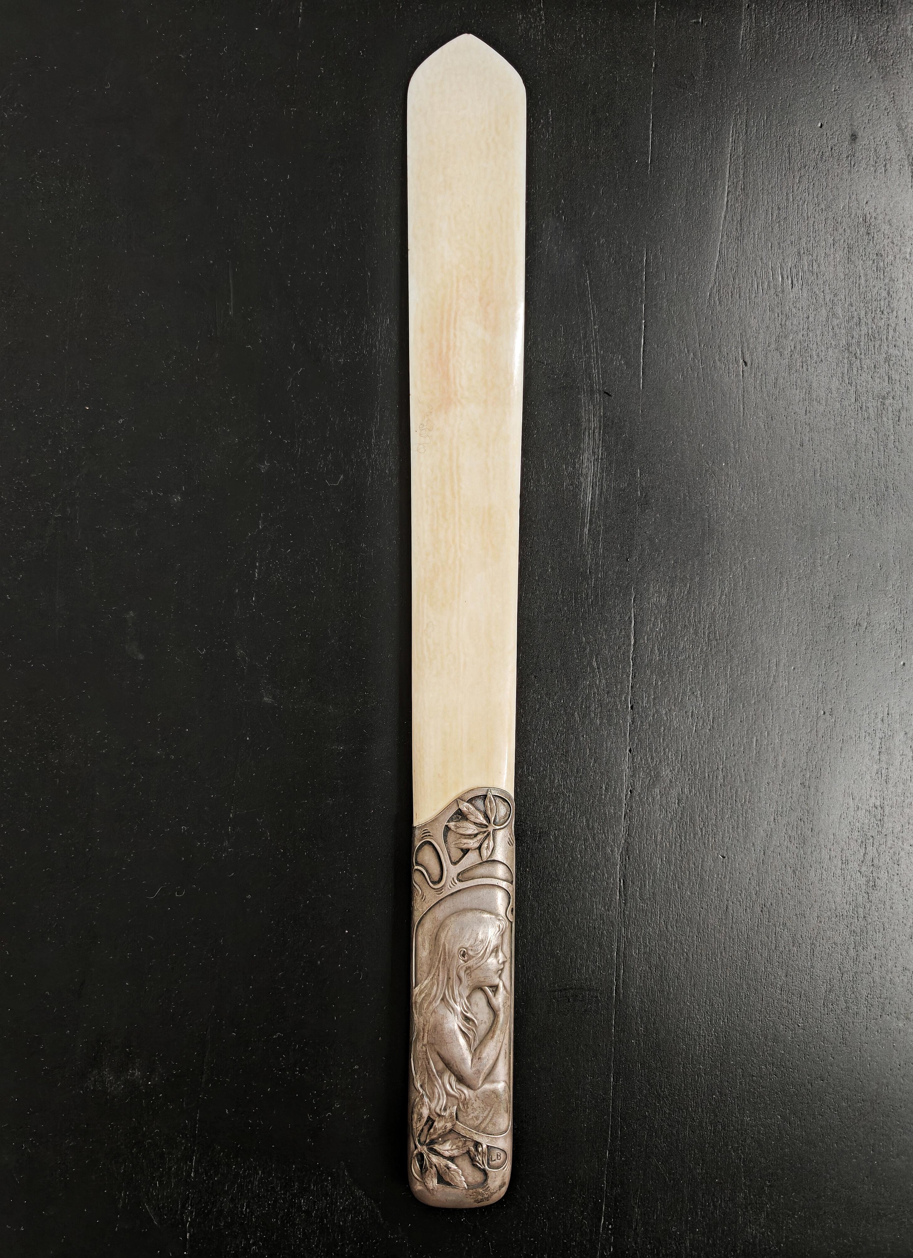 French Art Nouveau Letter Opener with stunning silver (plated) handle and ivory tip For Sale