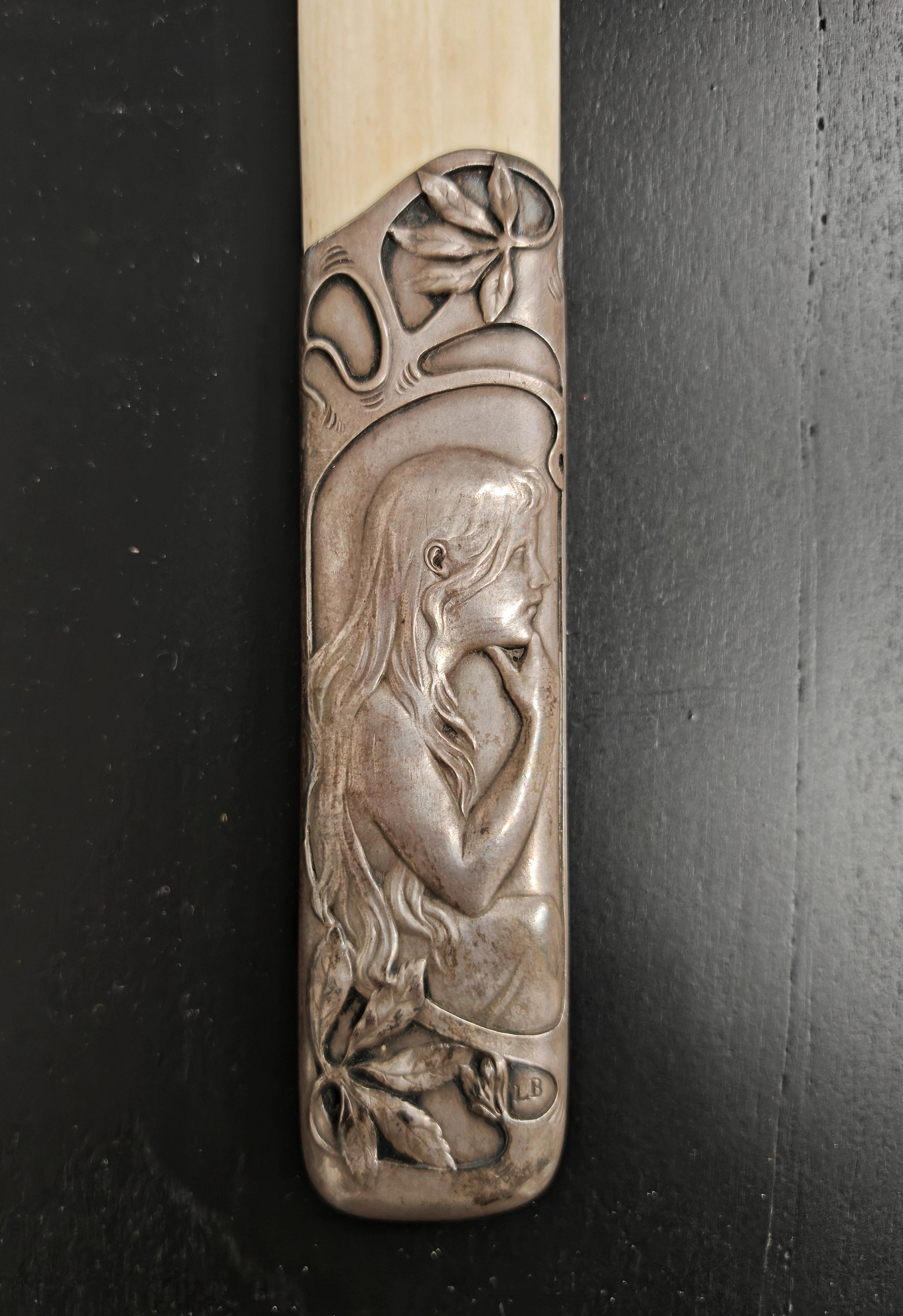 Art Nouveau Letter Opener with stunning silver (plated) handle and ivory tip In Good Condition For Sale In Beograd, RS