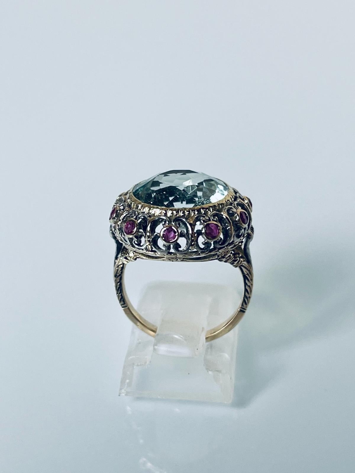 Round Cut Art Nouveau Liberty Italian 18K Gold Silver Ruby Aquamarine Ring, C 1900         For Sale
