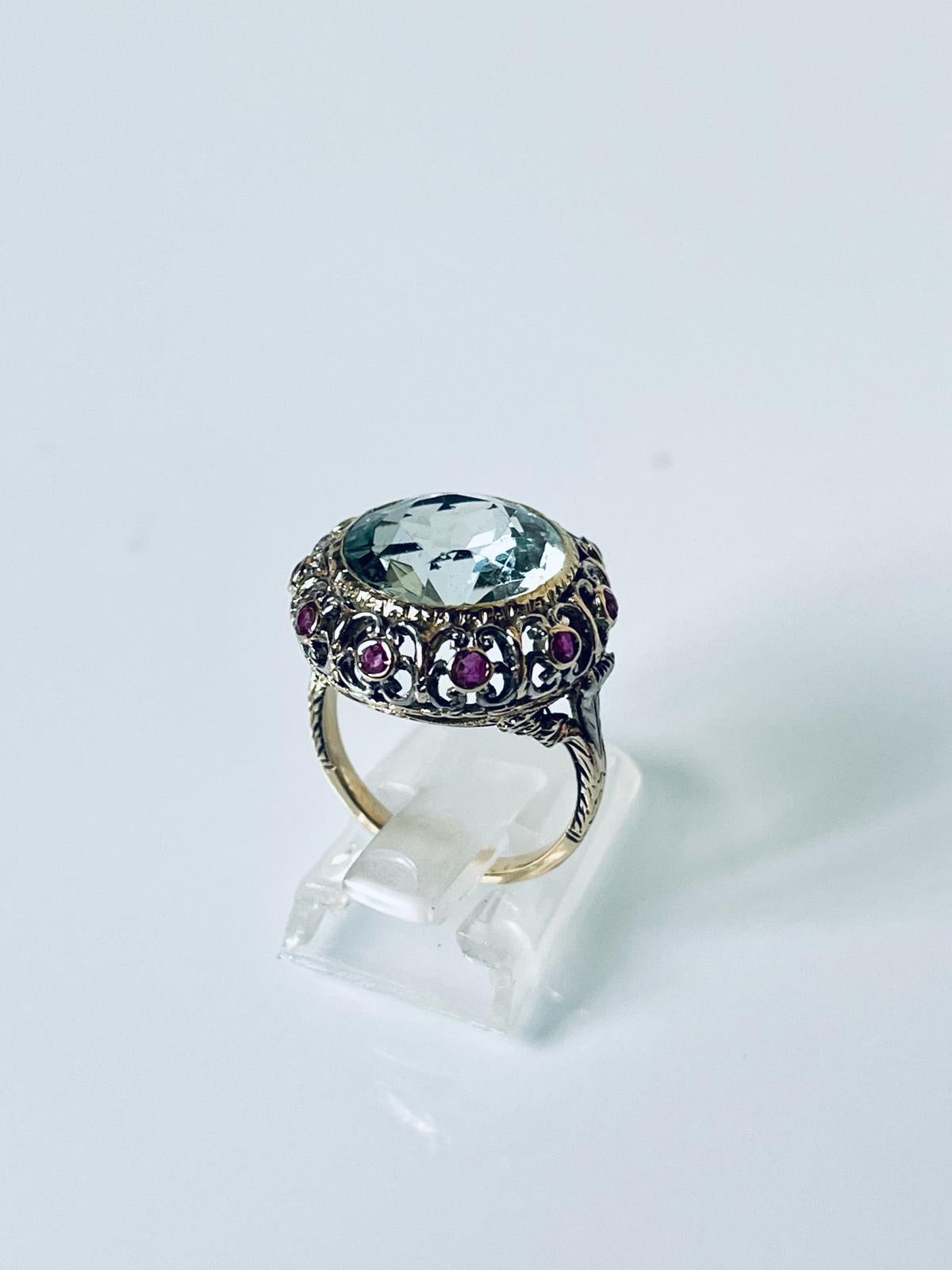 Art Nouveau Liberty Italian 18K Gold Silver Ruby Aquamarine Ring, C 1900         In Good Condition For Sale In Firenze, IT