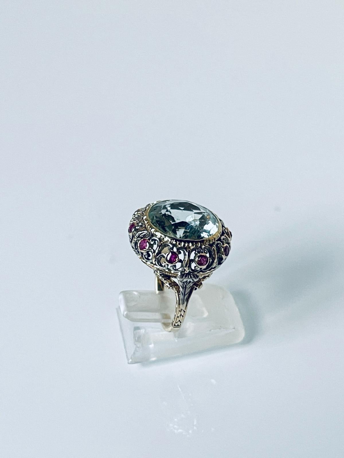 Women's or Men's Art Nouveau Liberty Italian 18K Gold Silver Ruby Aquamarine Ring, C 1900         For Sale