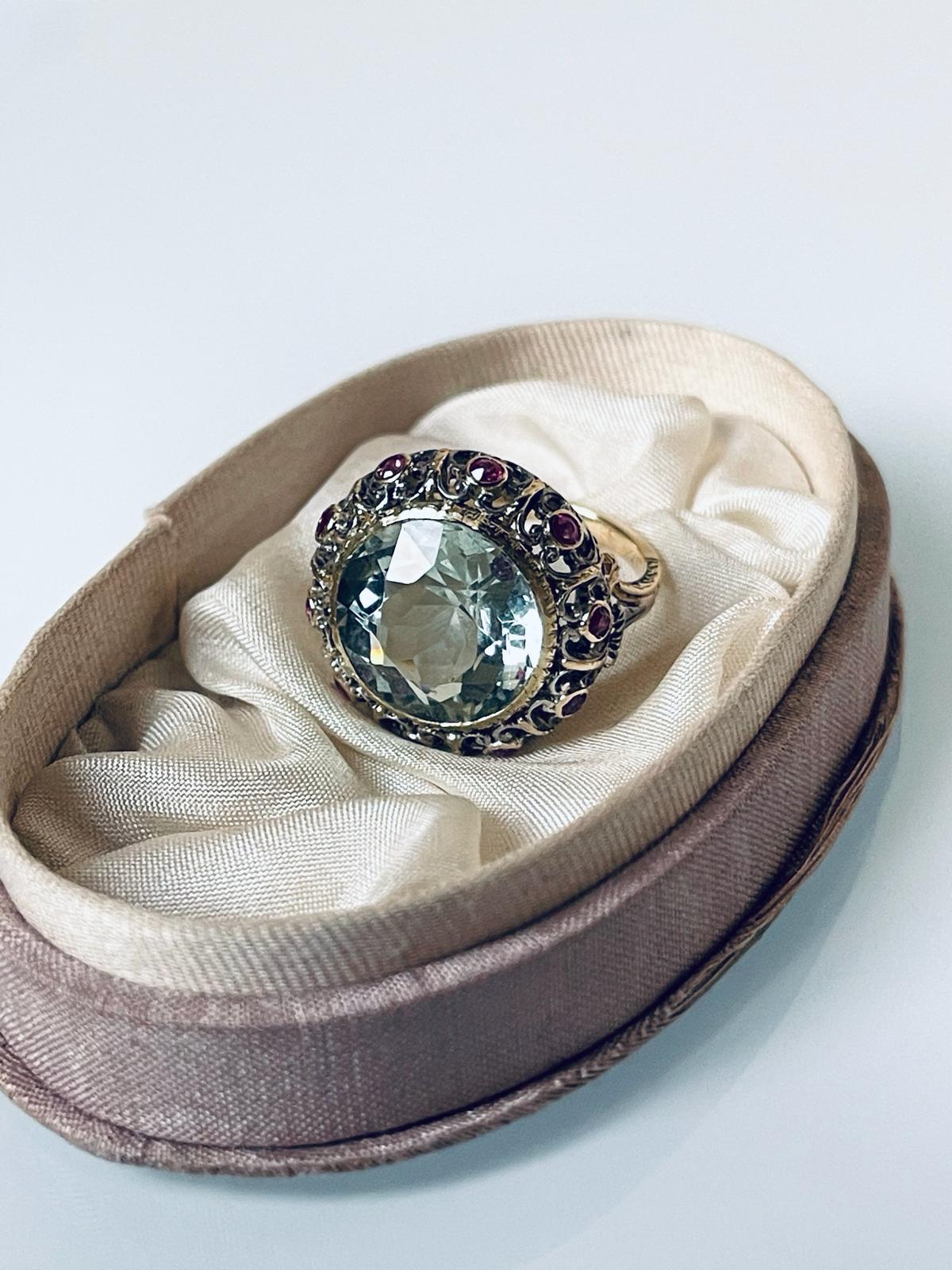 Art Nouveau Liberty Italian 18K Gold Silver Ruby Aquamarine Ring, C 1900         For Sale 1