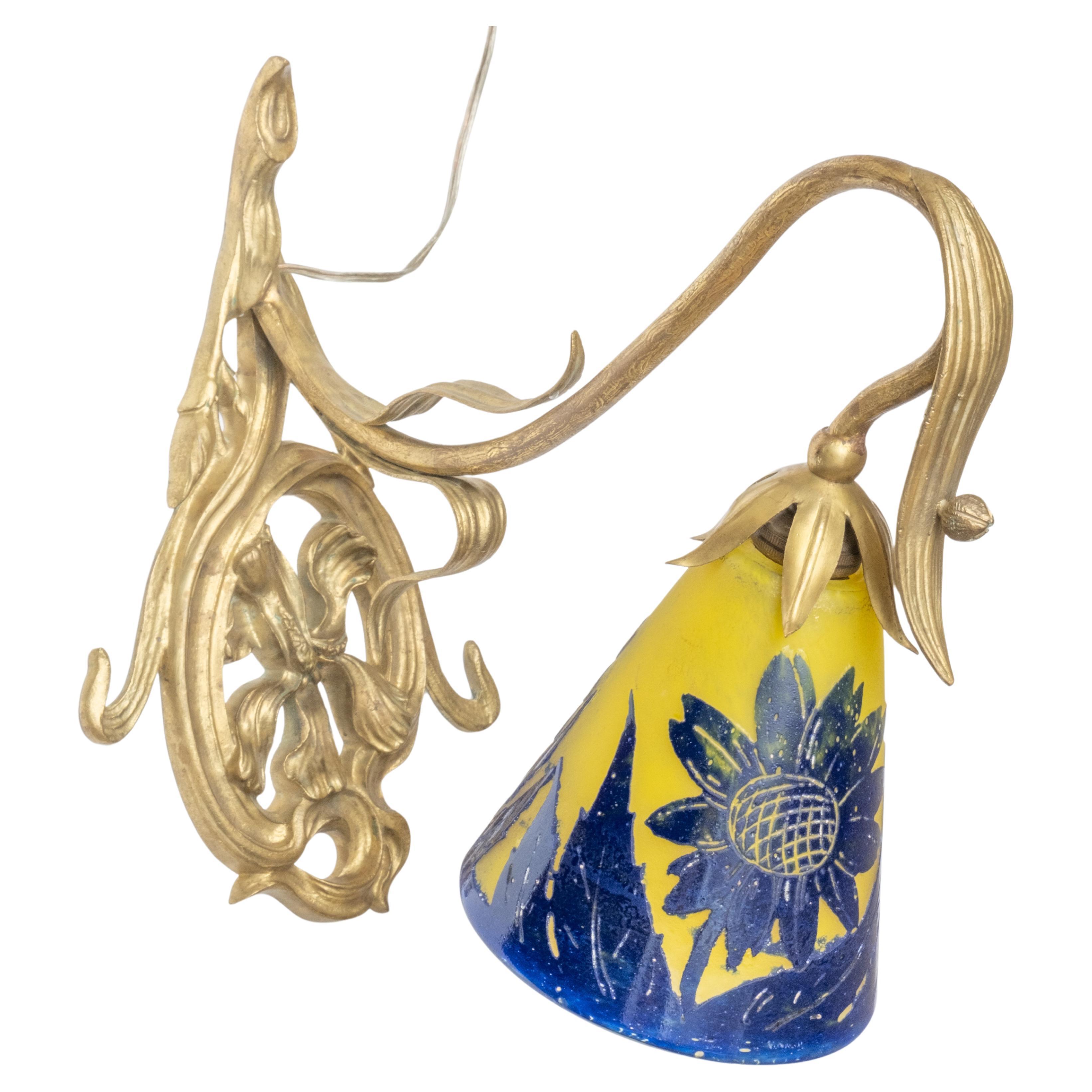 Art Nouveau Lighting Fixture, Bronze Cameo Cut Art Glass Shade Floral Wall Lamp  For Sale
