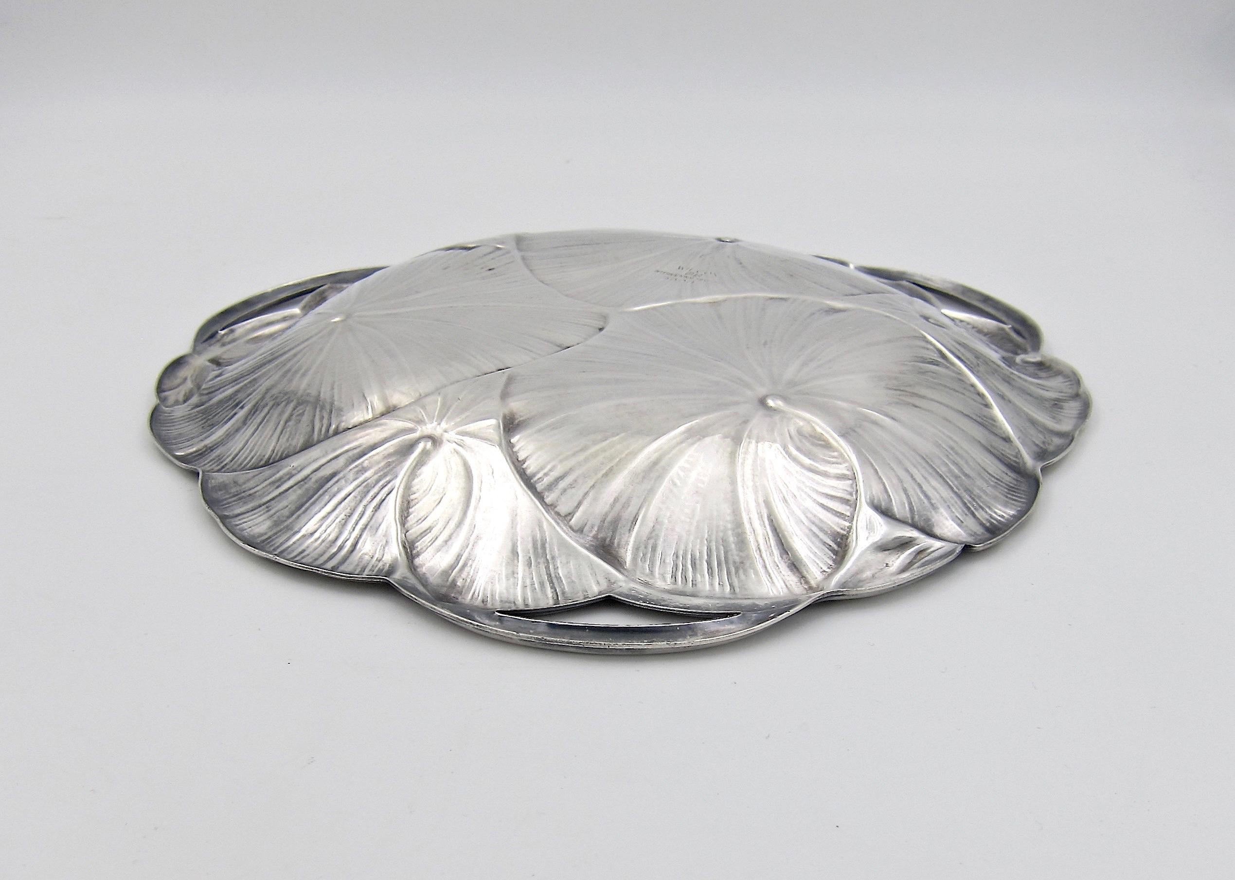 Silver Plate Art Nouveau Lily Pad Tray with Open Handles in Silver-Plate