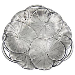 Vintage Art Nouveau Lily Pad Tray with Open Handles in Silver-Plate